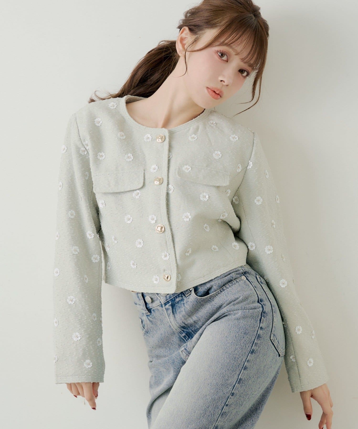 Chico(チコ) 【SALON by Chico】フラワービジューツイードクルージャケット