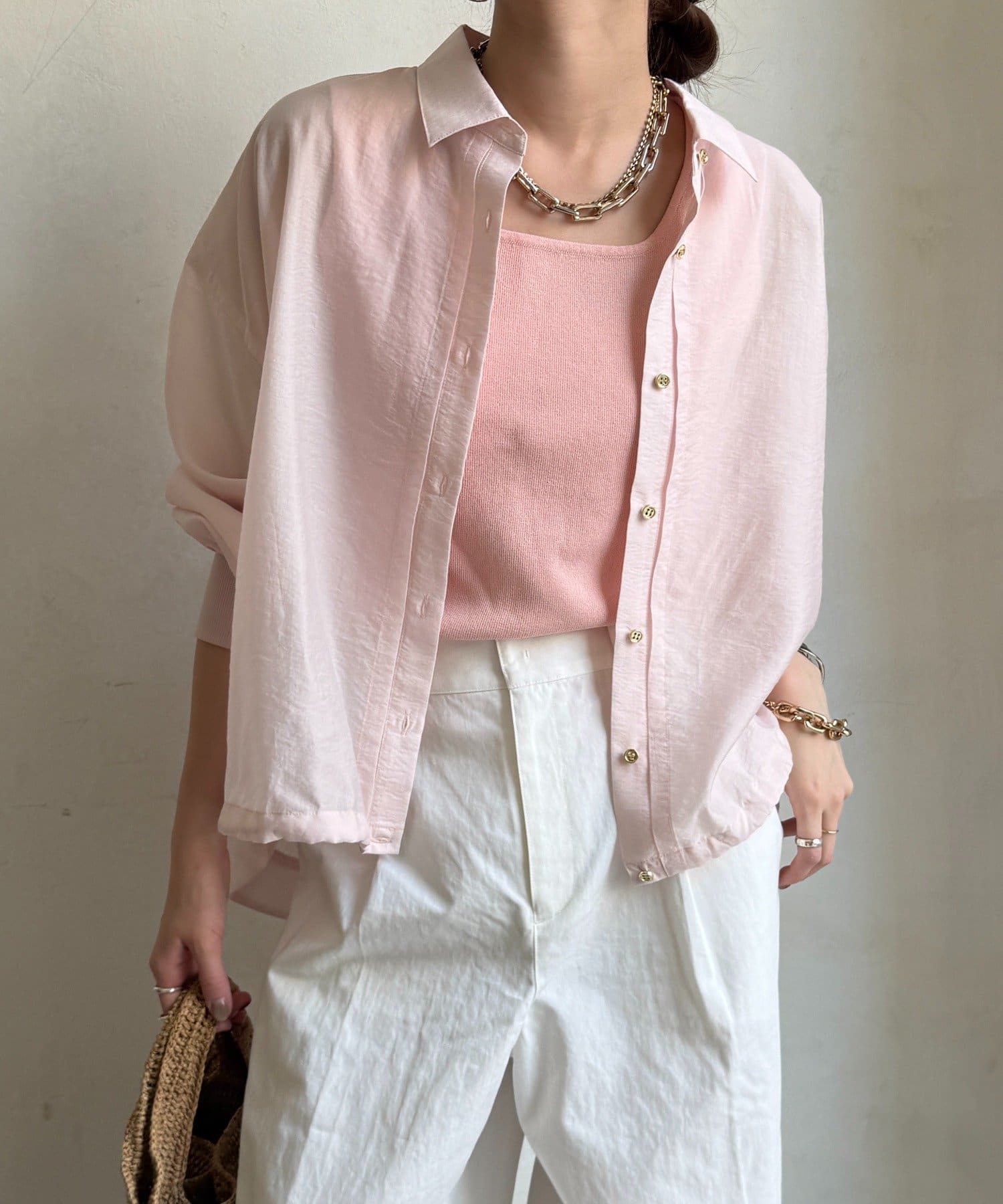 DOUDOU(ドゥドゥ) 袖リブ襟付シアースピンドルブラウス