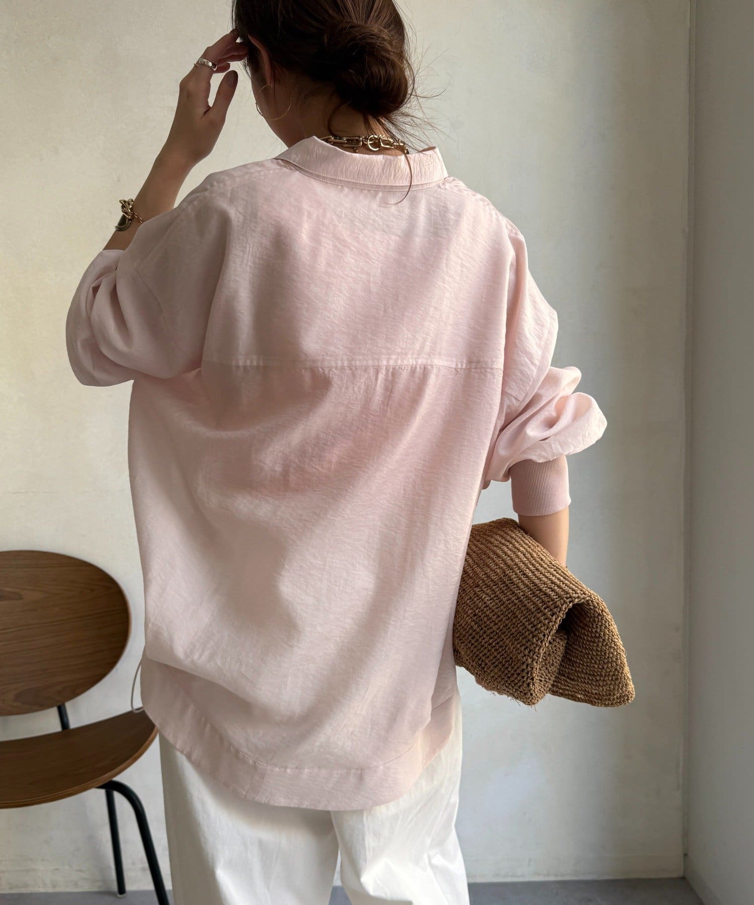 DOUDOU(ドゥドゥ) 袖リブ襟付シアースピンドルブラウス