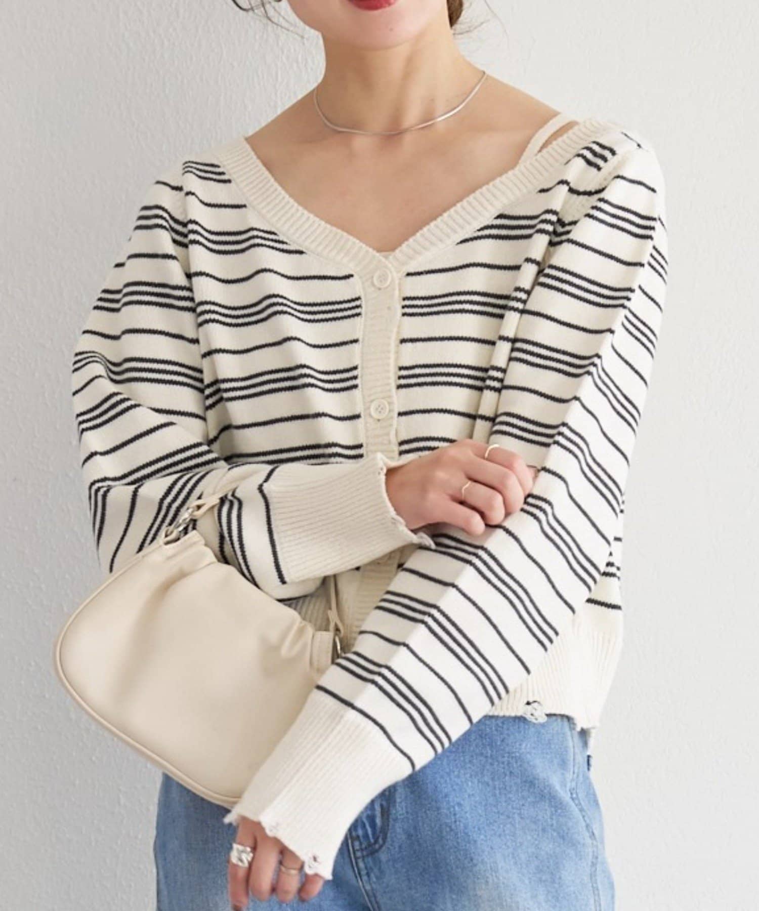 Kastane(カスタネ) B ボーダーダメージカーディガン