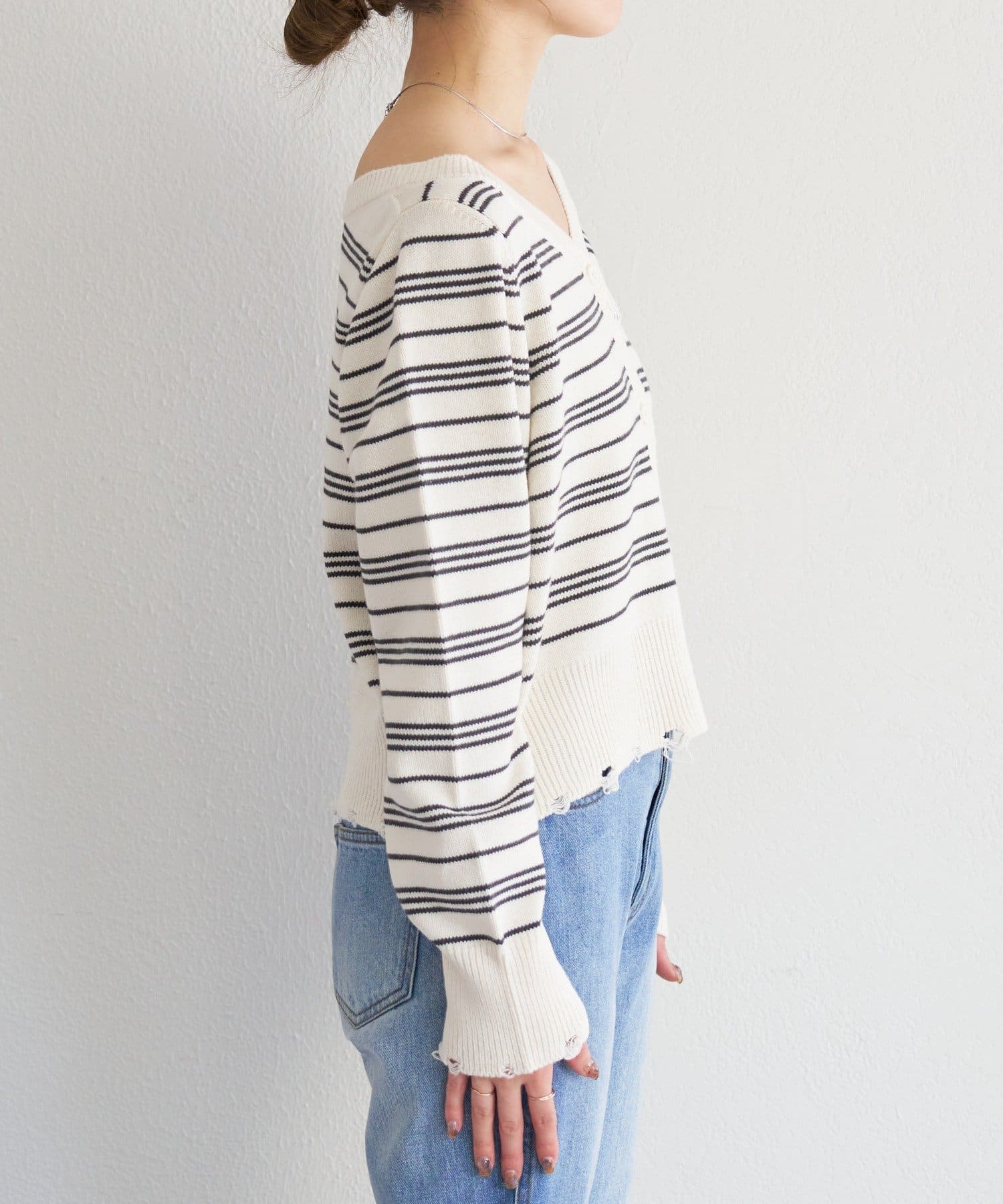 Kastane(カスタネ) B ボーダーダメージカーディガン