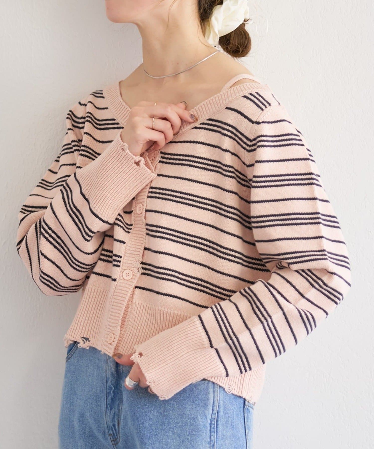 Kastane(カスタネ) B ボーダーダメージカーディガン