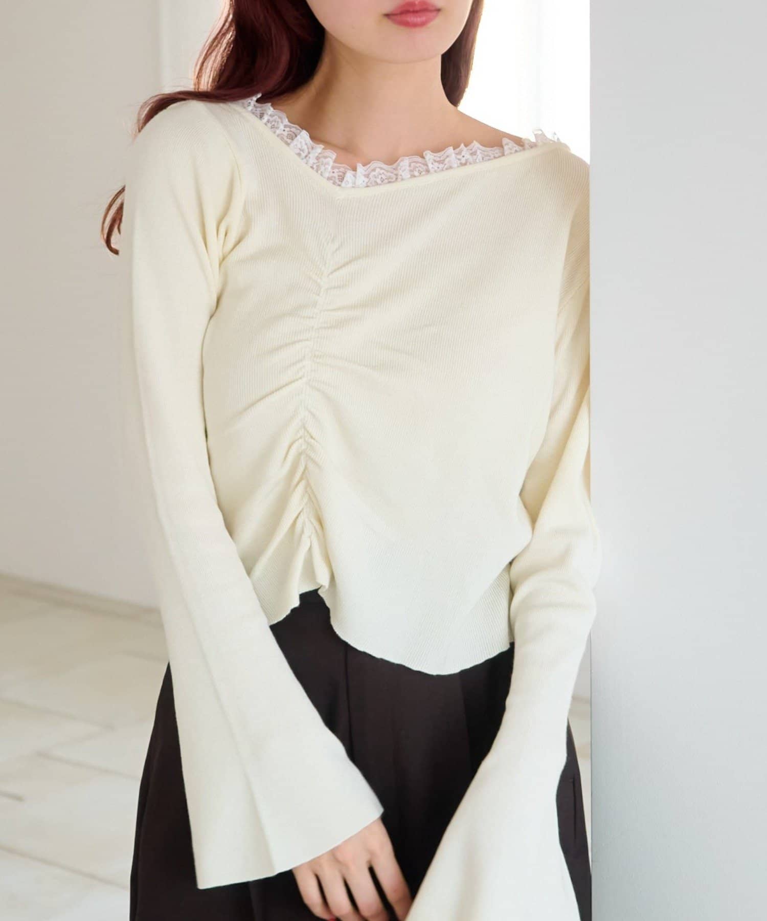 Kastane(カスタネ) 【1.1(木)0:00発売/WEB先行/4色展開】レースシャーリングニット