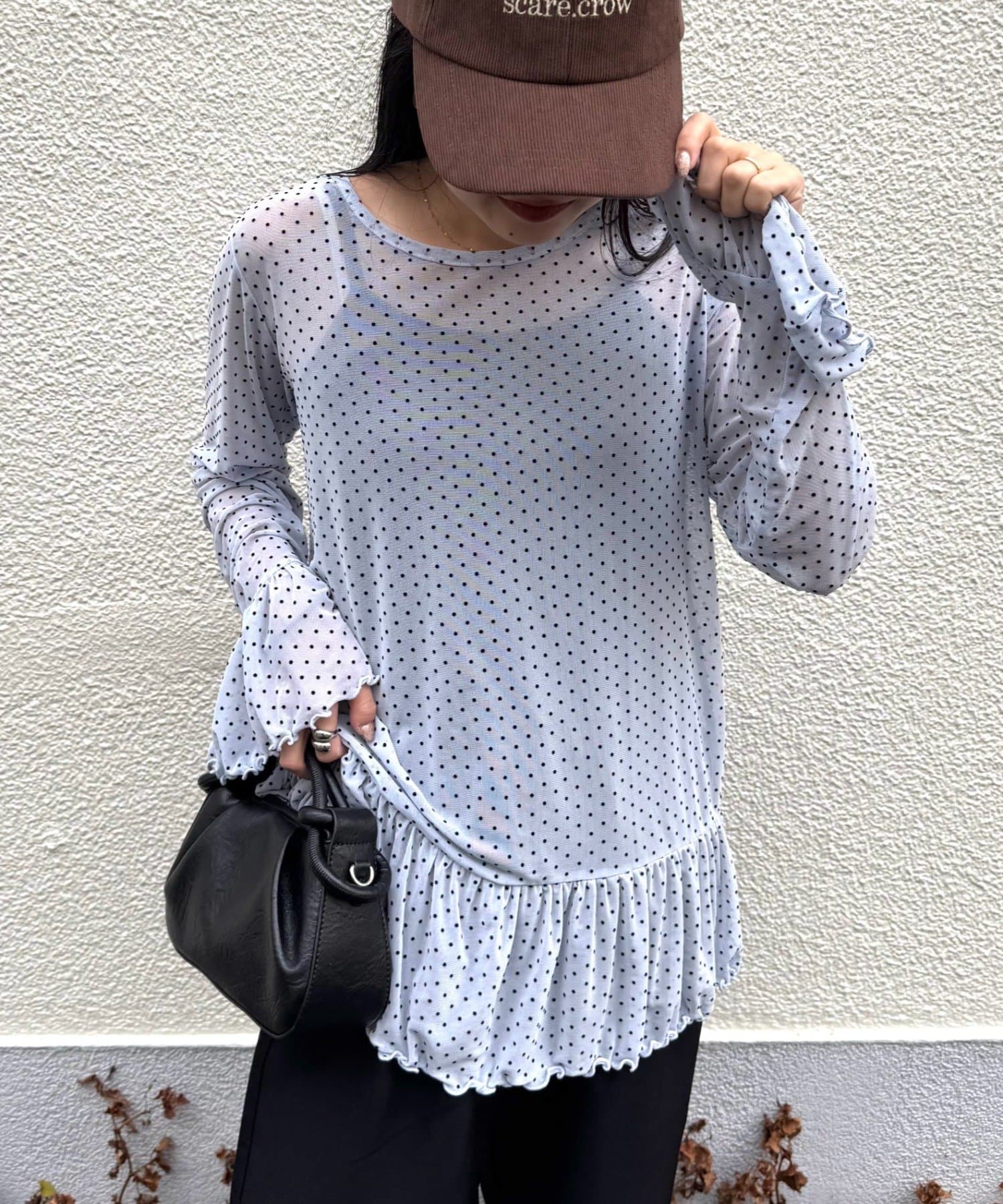 CIAOPANIC TYPY(チャオパニックティピー) 【レイヤードにおすすめ】フロッキードットチュールフリルトップス