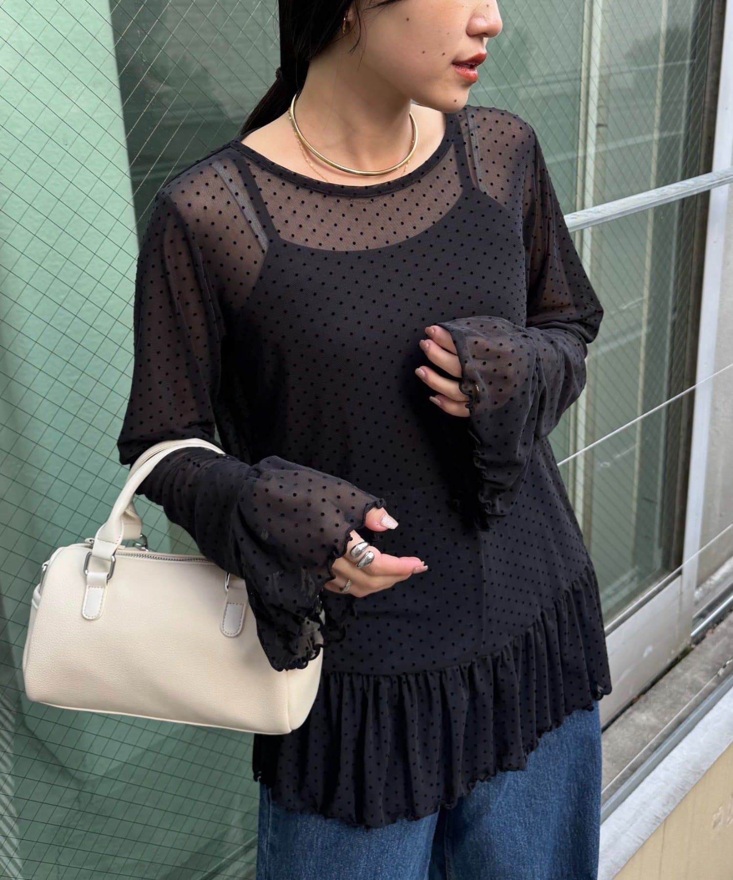 CIAOPANIC TYPY(チャオパニックティピー) 【レイヤードにおすすめ】フロッキードットチュールフリルトップス