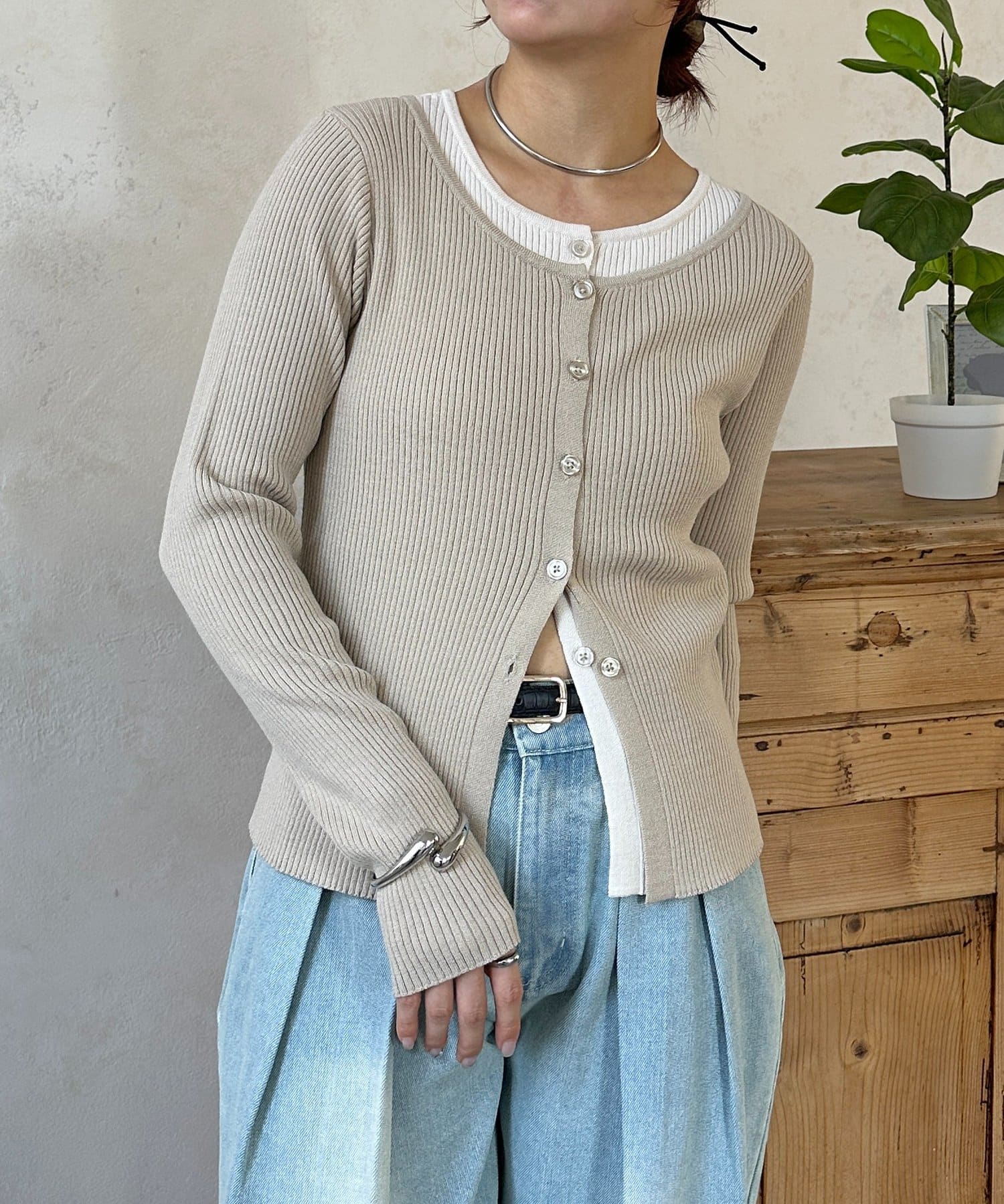 Thevon.(ゼヴォン) レイヤード風リブニットカーディガン