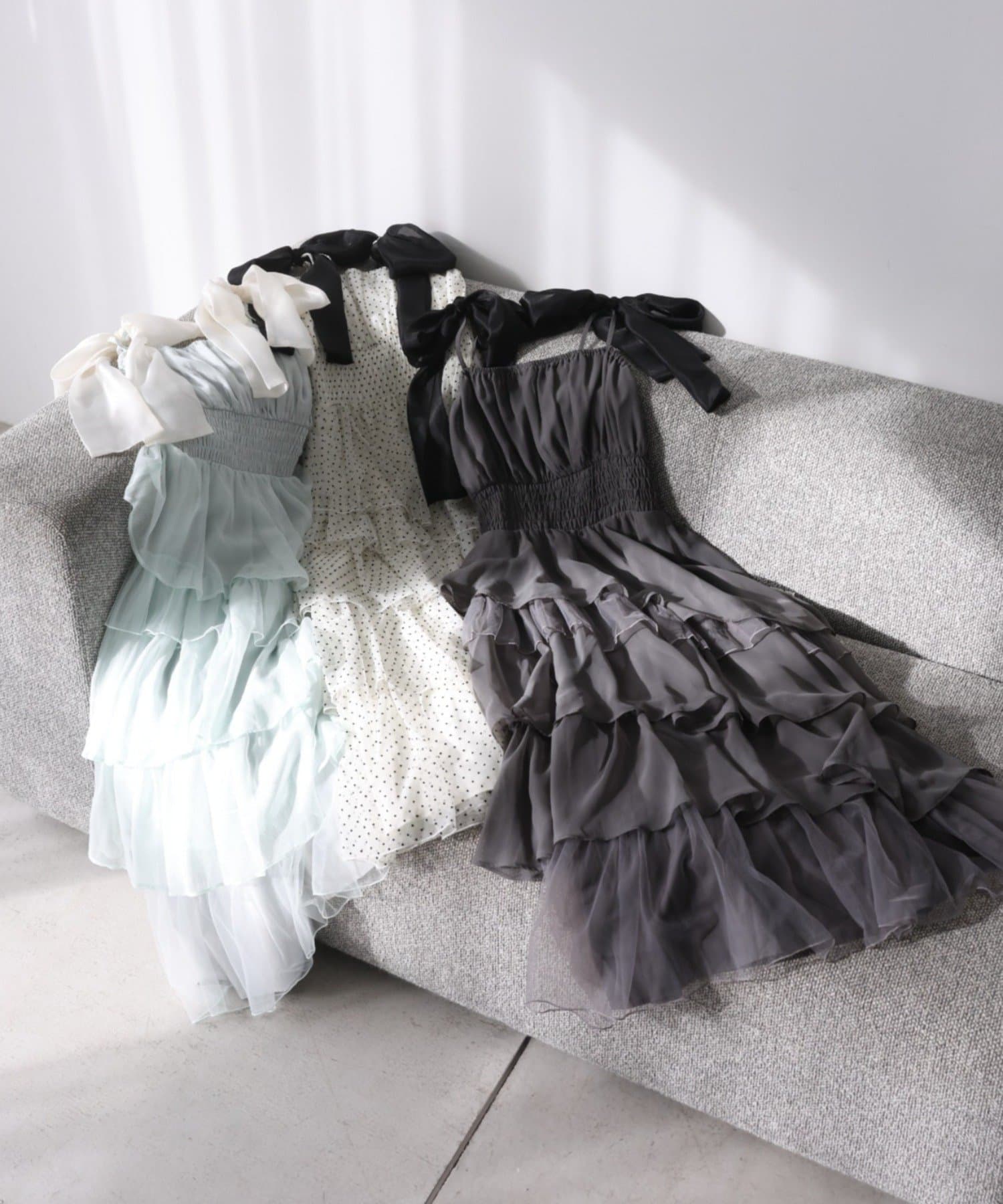 one after another NICE CLAUP(ワンアフターアナザー ナイスクラップ) 【premiumorder】肩リボンティアードキャミワンピ