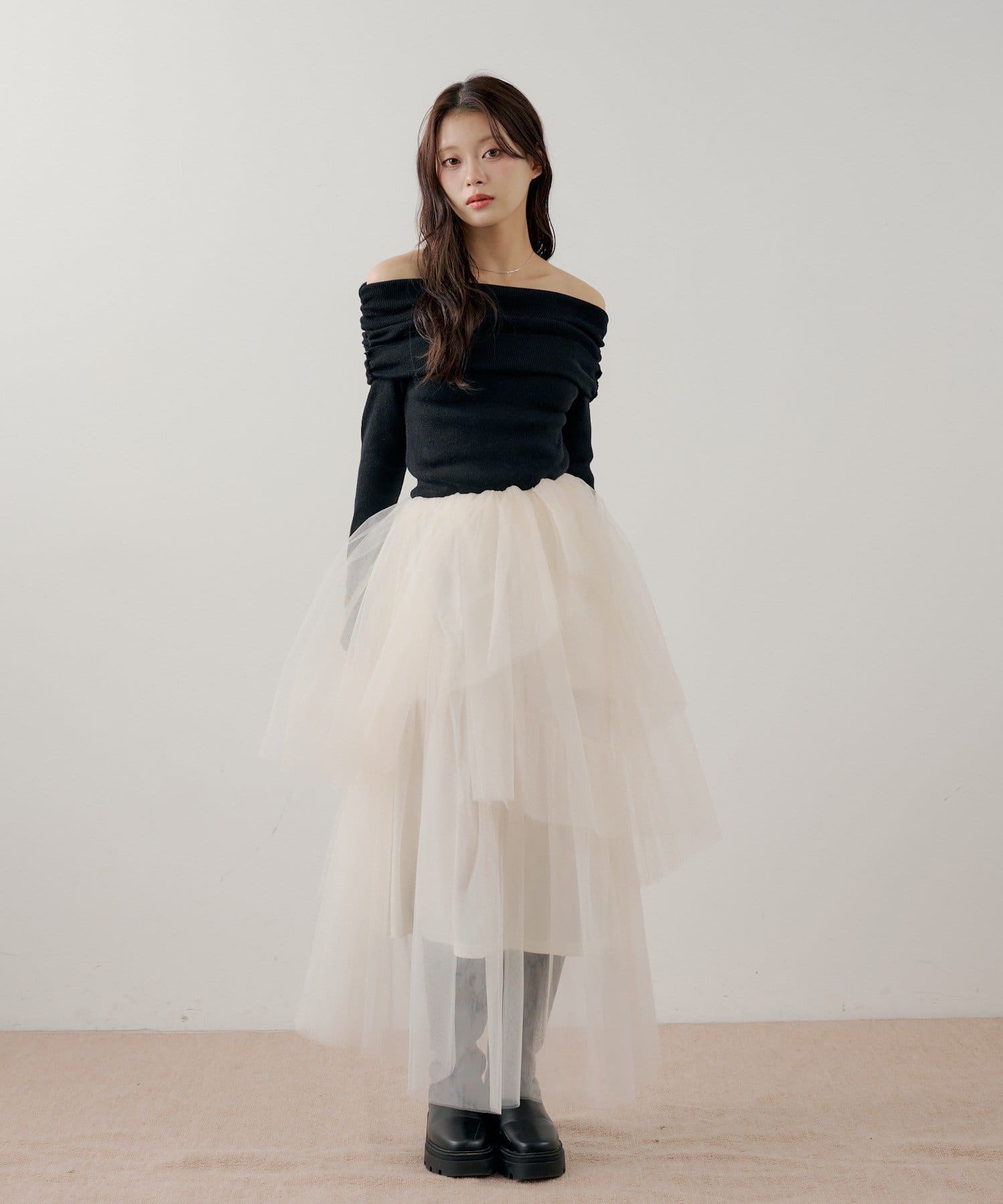 Chico(チコ) 【SALON by Chico】オフショルニットティアードボリュームドッキングワンピース