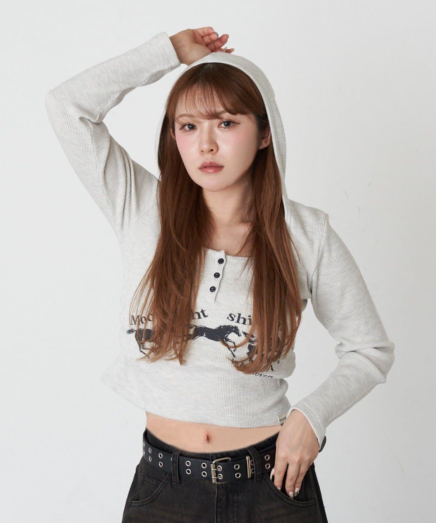 RAY CASSIN(レイカズン) プリントワッフルフードTシャツ