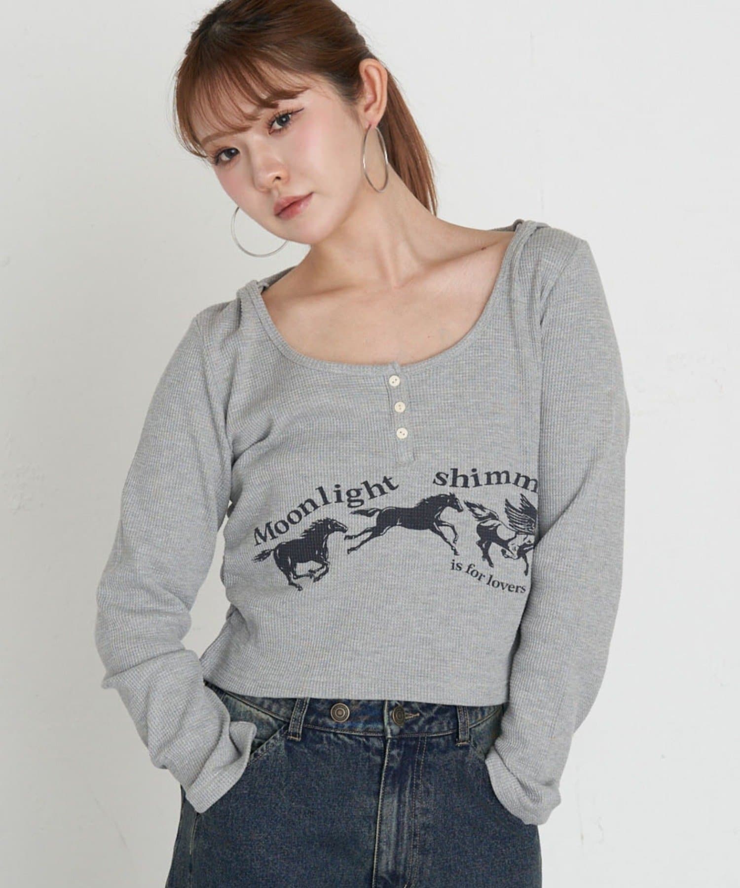 RAY CASSIN(レイカズン) プリントワッフルフードTシャツ