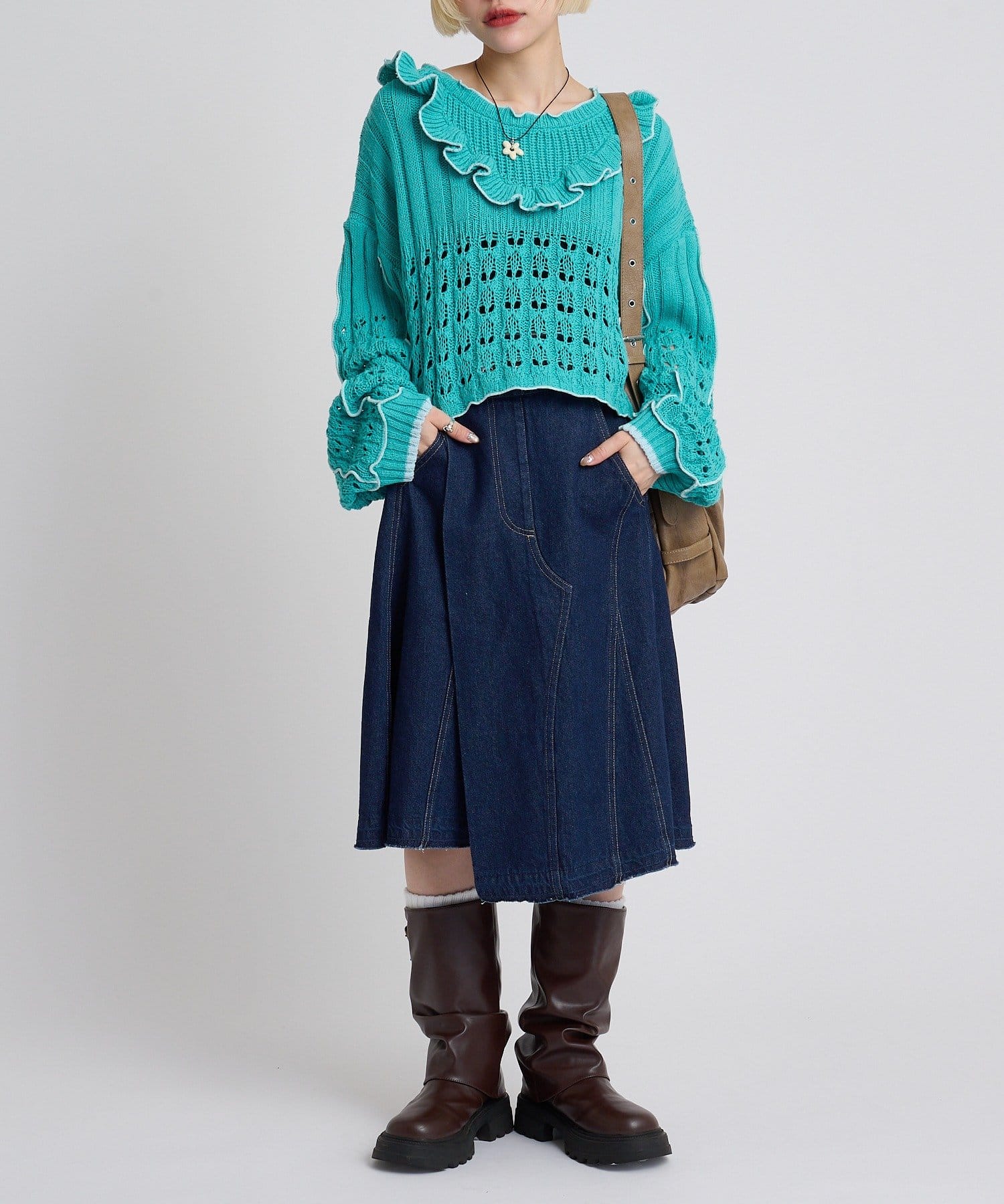 w closet(ダブルクローゼット) 透かし編みフリルニット