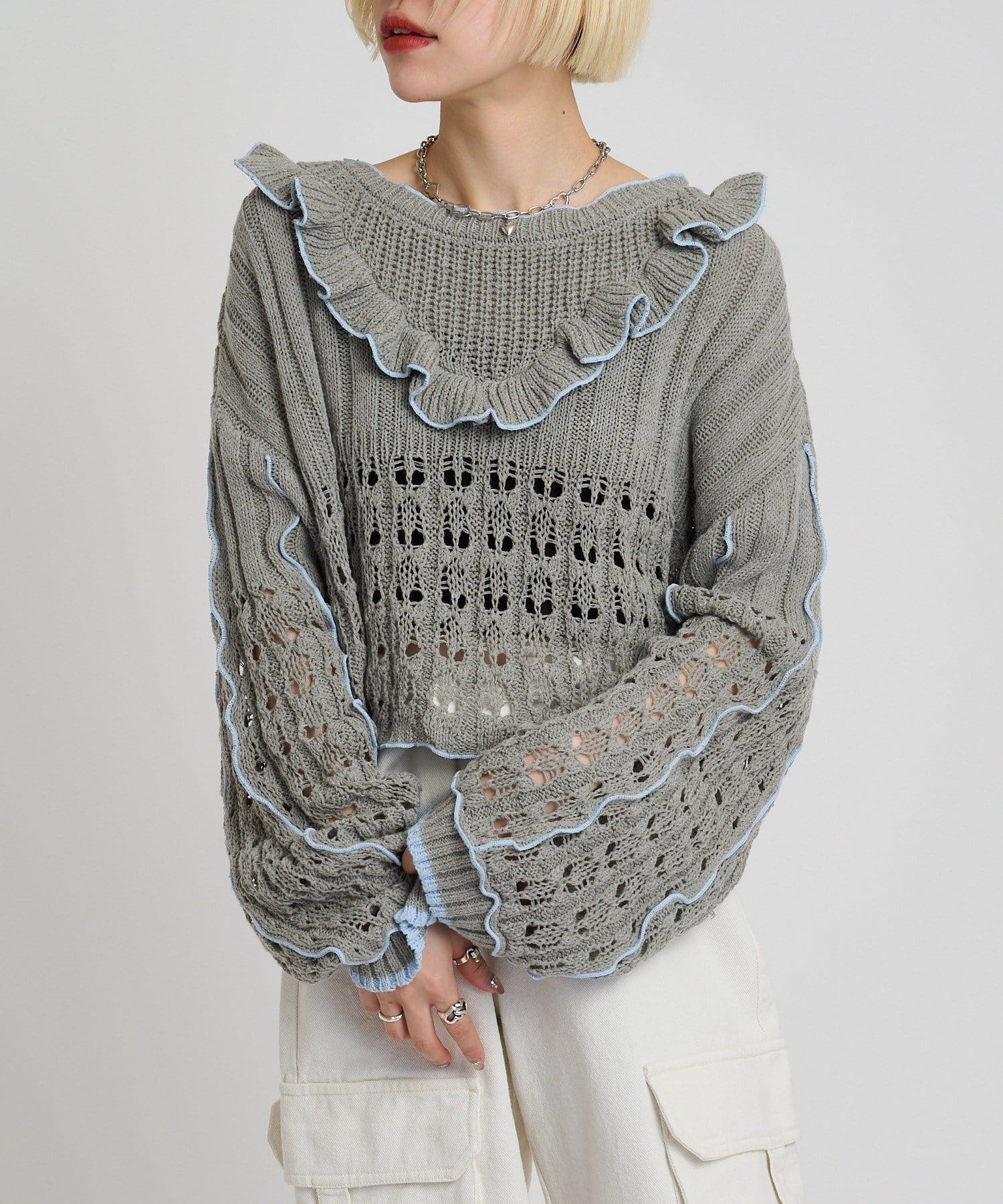 w closet(ダブルクローゼット) 透かし編みフリルニット