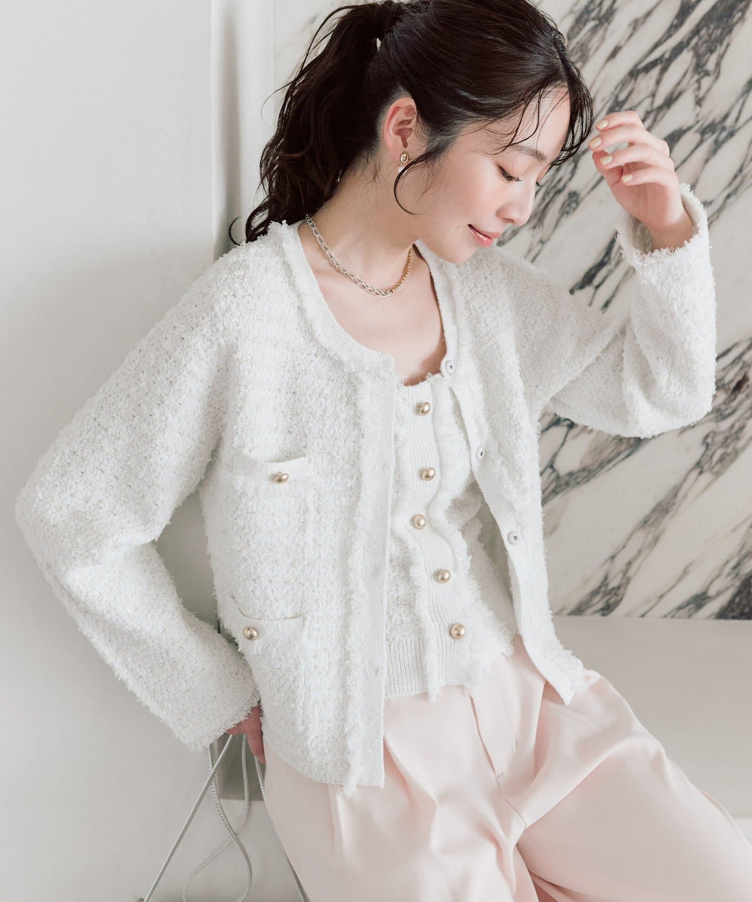 La boutique BonBon(ラブティックボンボン) 【アンサンブル可】ファンシーツイードニットジャケットカーディガン