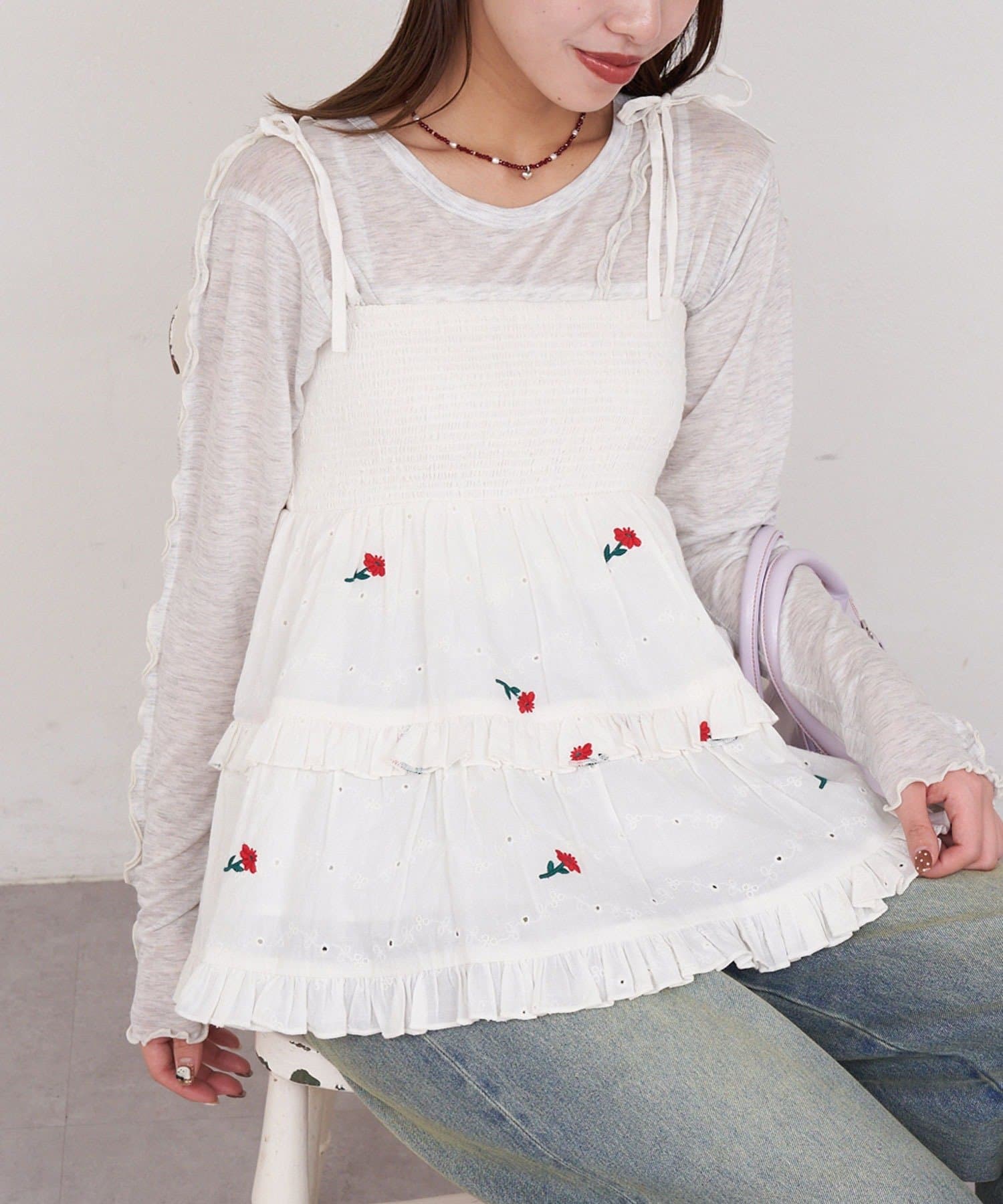 CIAOPANIC(チャオパニック) 【She desires...】2WAYシャーリングティアード刺繍ビスチェ