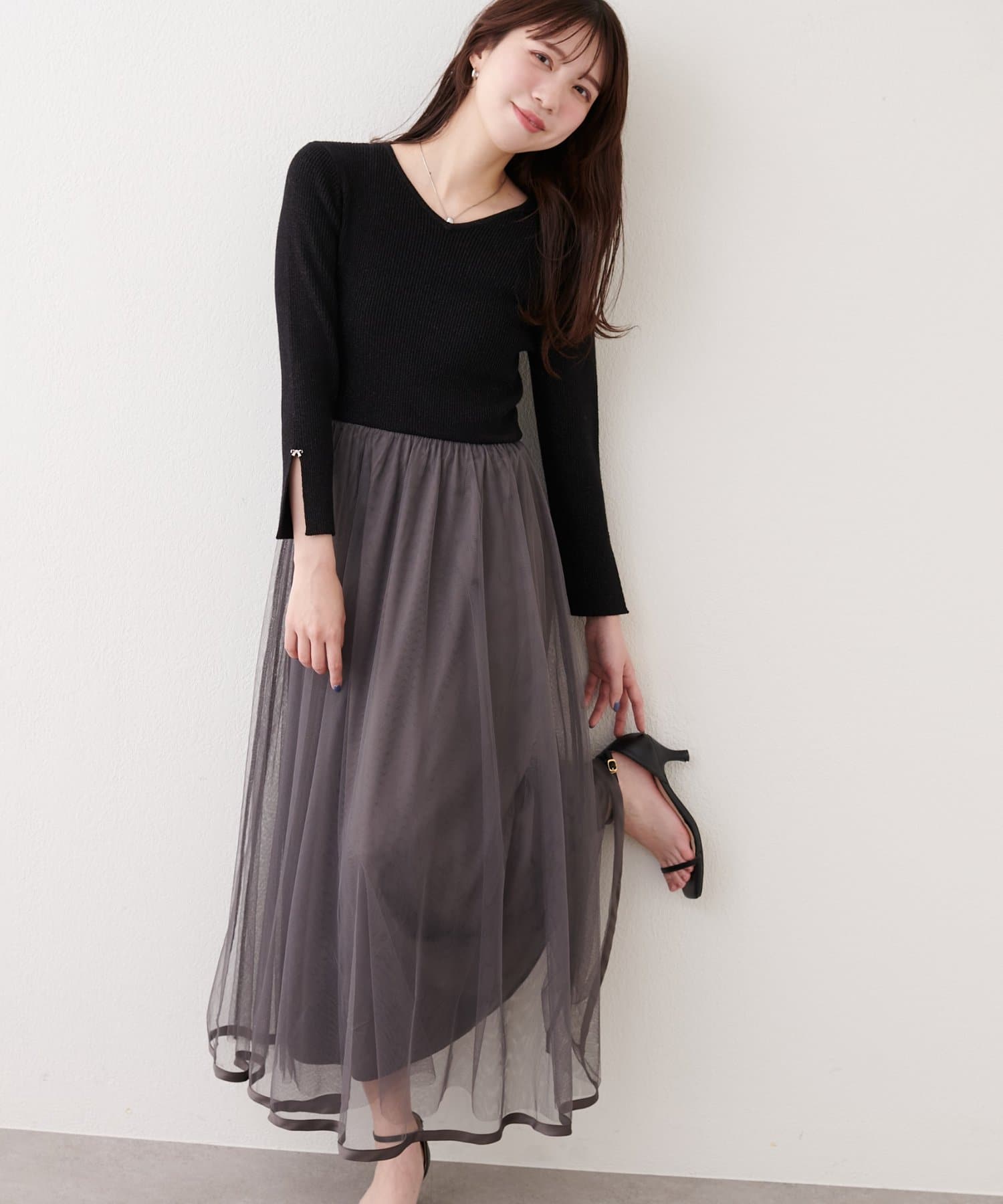 natural couture(ナチュラルクチュール) 〈mizumami〉リボンチャームニットドッキングワンピース