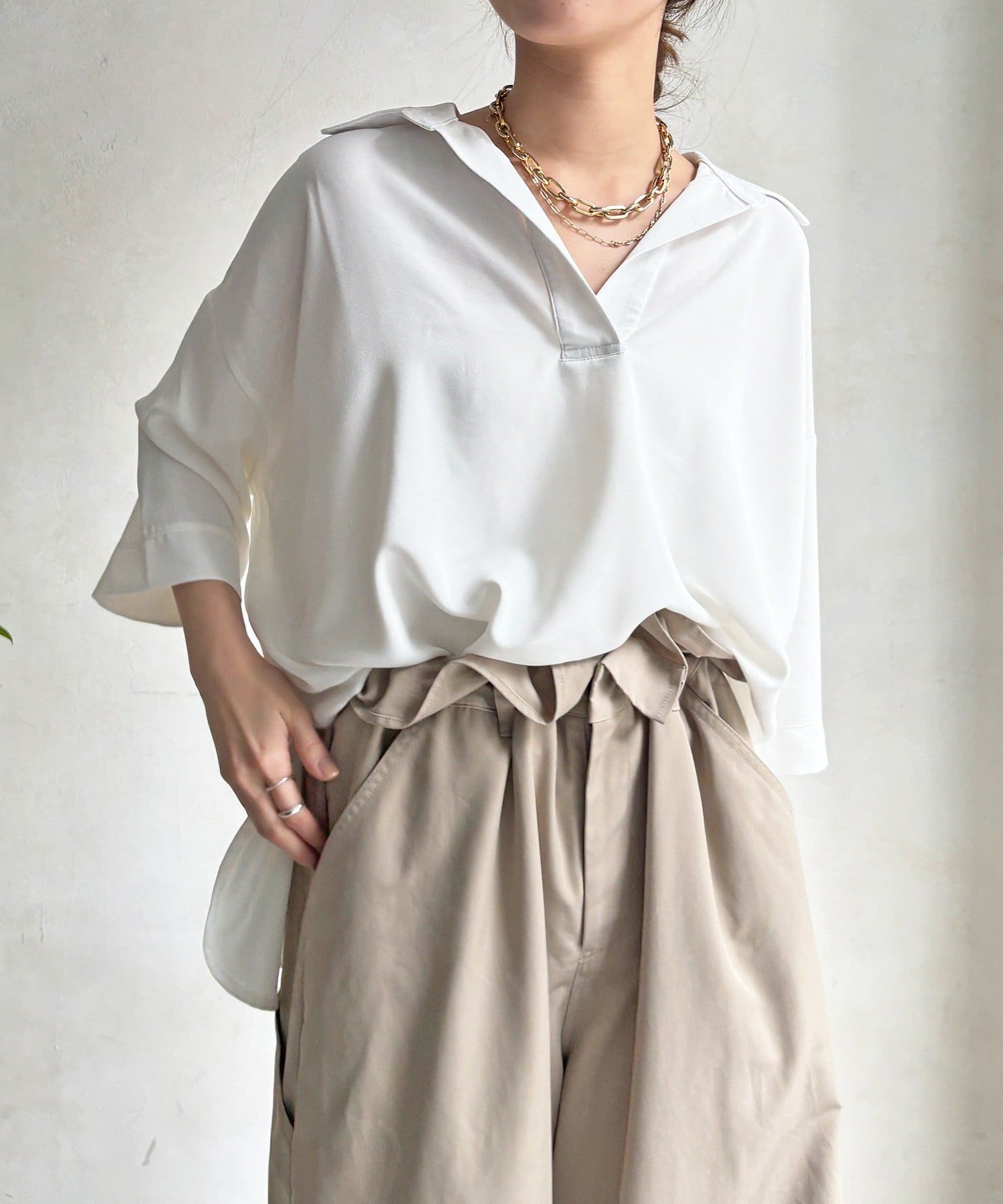 DOUDOU(ドゥドゥ) 【WEB限定】6分袖ドロストスキッパーシャツ