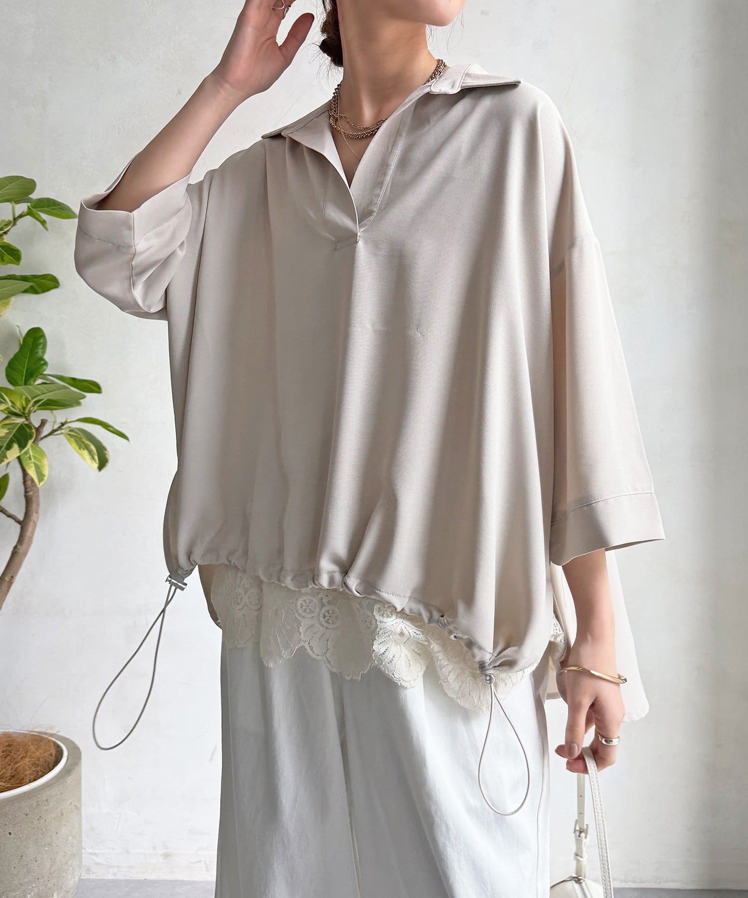 DOUDOU(ドゥドゥ) 【WEB限定】6分袖ドロストスキッパーシャツ