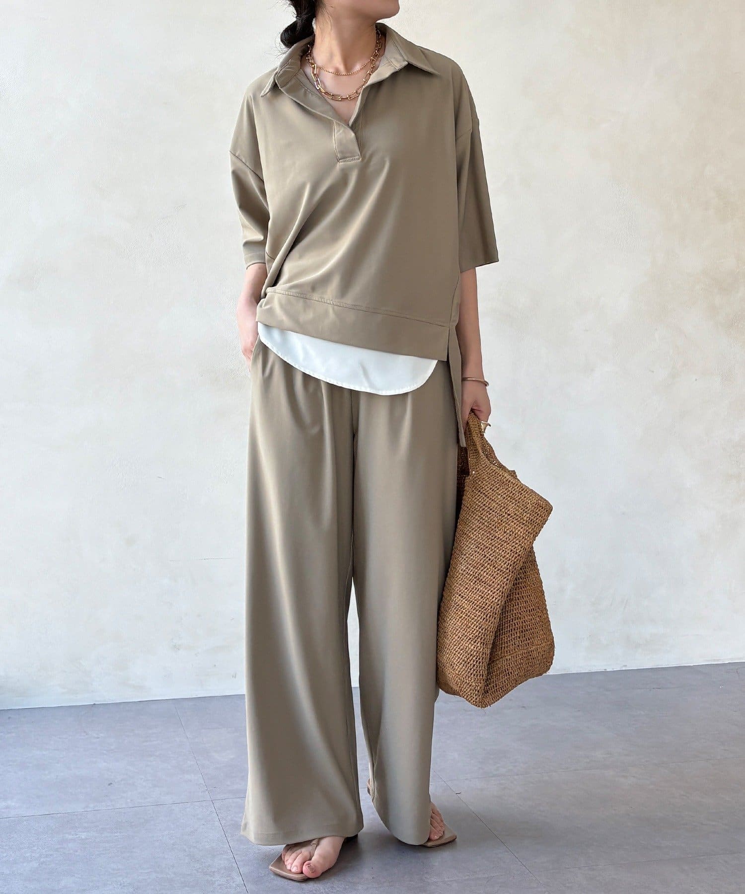 DOUDOU(ドゥドゥ) 【WEB限定】6分袖スキッパーシャツ＋ワイドパンツ