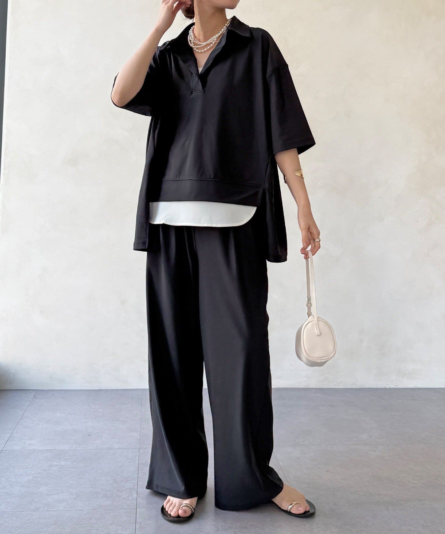 DOUDOU(ドゥドゥ) 【WEB限定】6分袖スキッパーシャツ＋ワイドパンツ