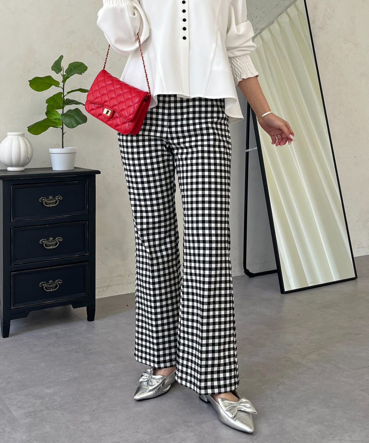 prose verse(プロズヴェール) スーパーストレッチギンガムフレアパンツ