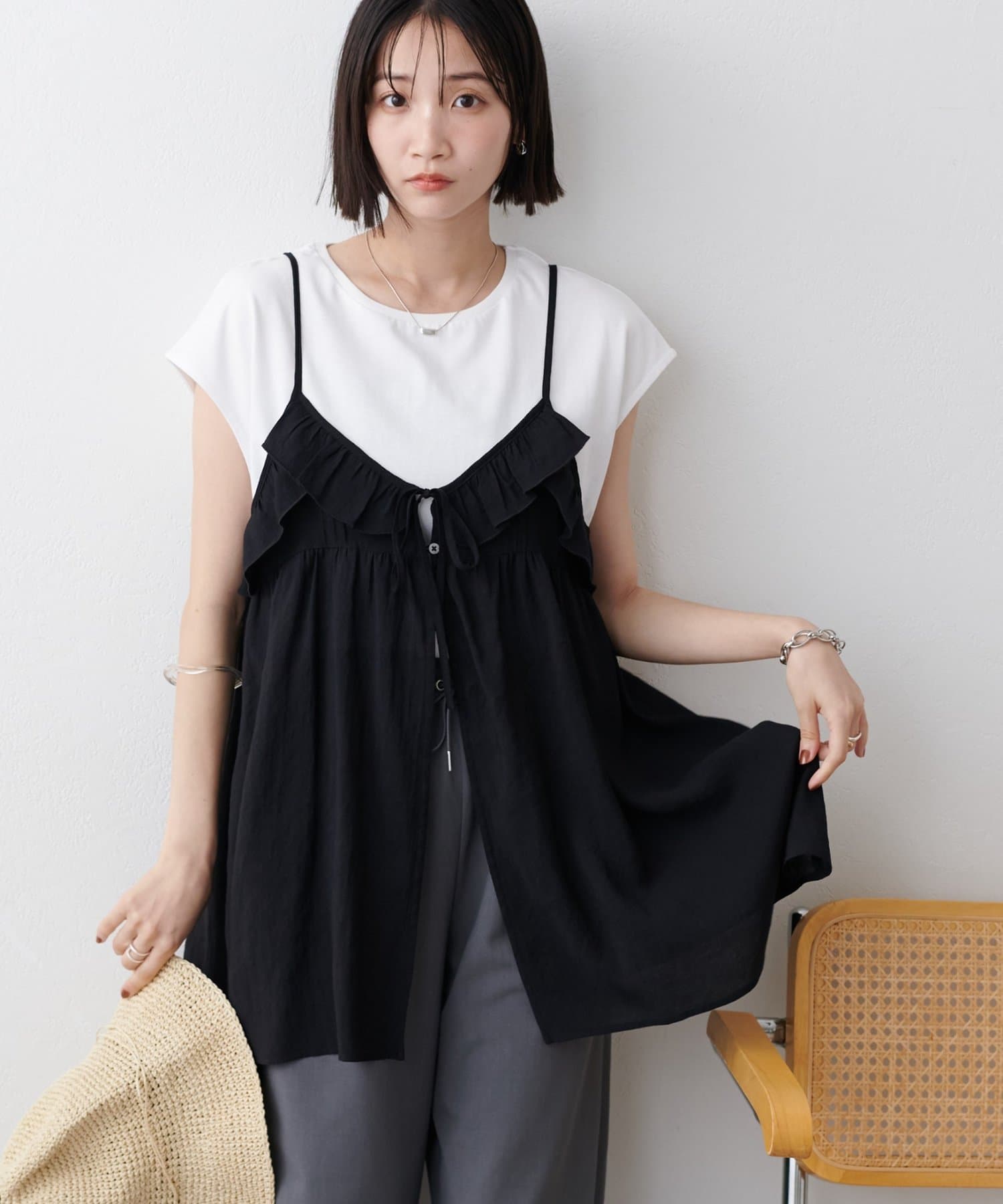 DISCOAT(ディスコート) 【WEB限定】前リボンフリルキャミチュニック