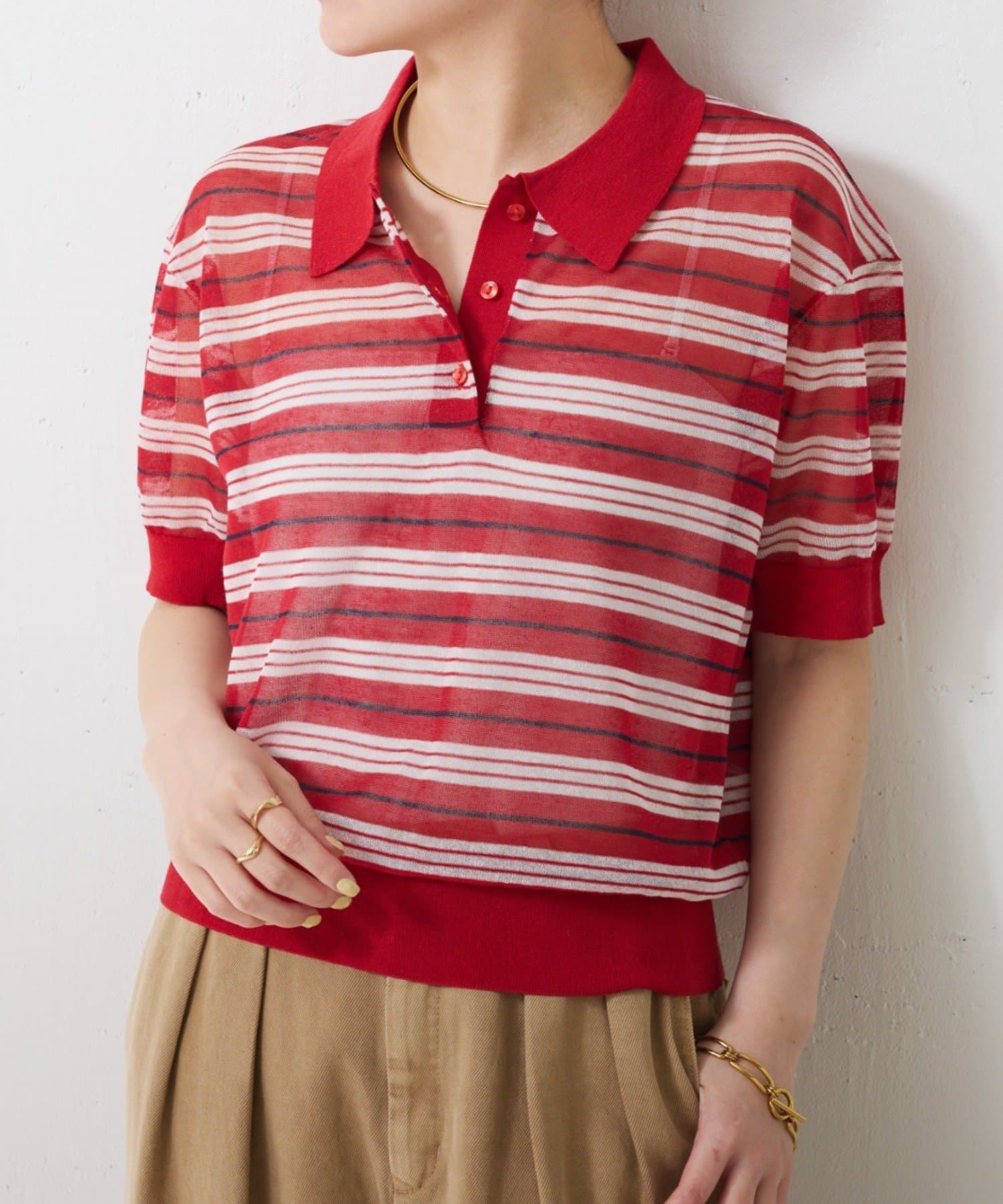 COLLAGE GALLARDAGALANTE(コラージュ ガリャルダガランテ) 【夏でも涼しい】シアーボーダーポロニット