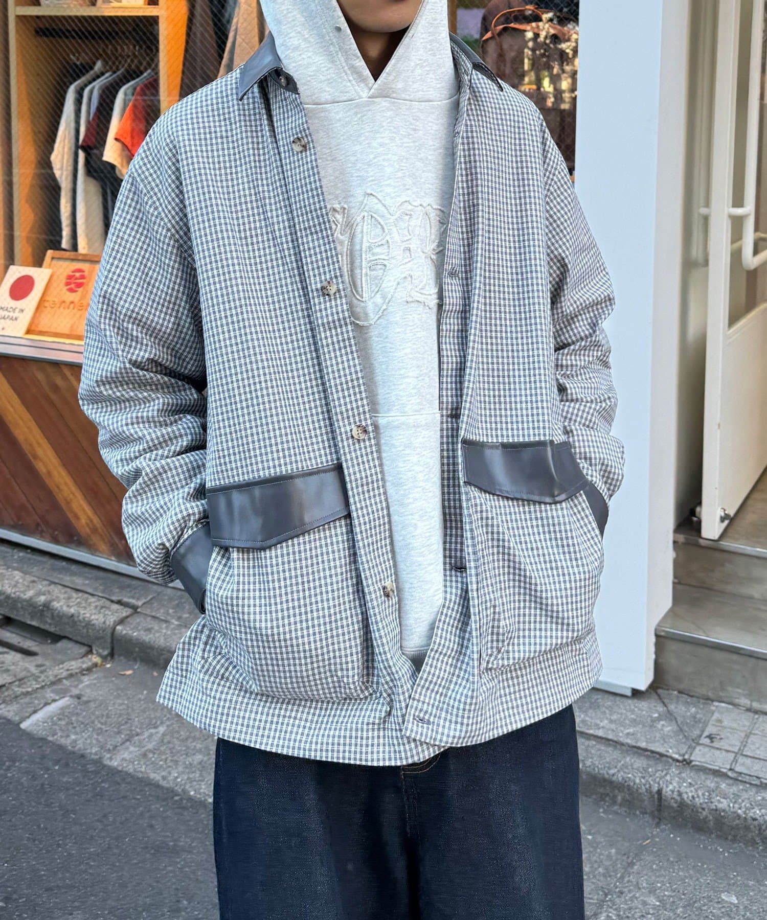 CIAOPANIC(チャオパニック) レザー襟切り替えストライプシャツジャケット