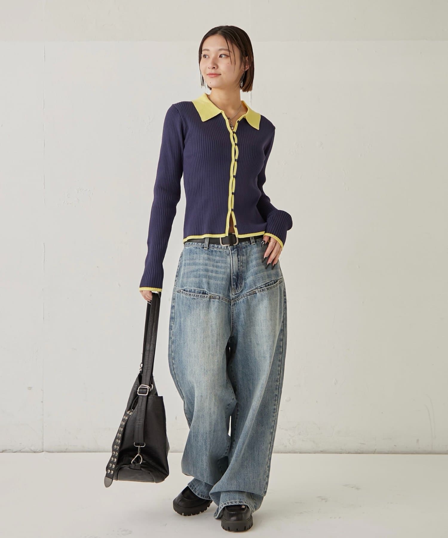 WHO’S WHO gallery(フーズフーギャラリー) TWO-TONE COLLARED RIB SLIM CARDIGAN