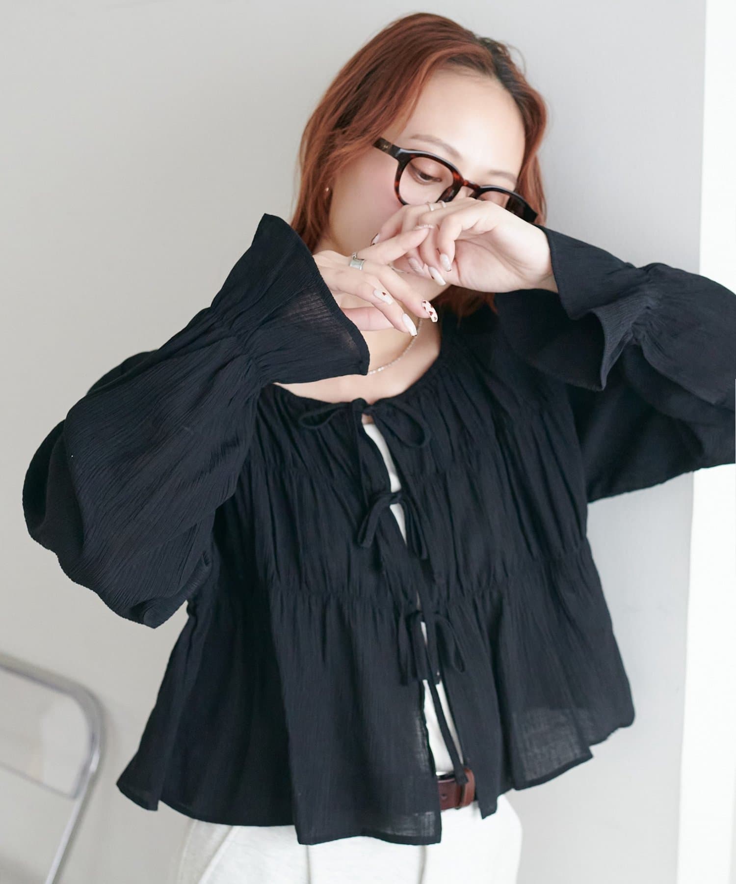 DISCOAT(ディスコート) 【WEB限定】シャーリングリボン楊柳ブラウス