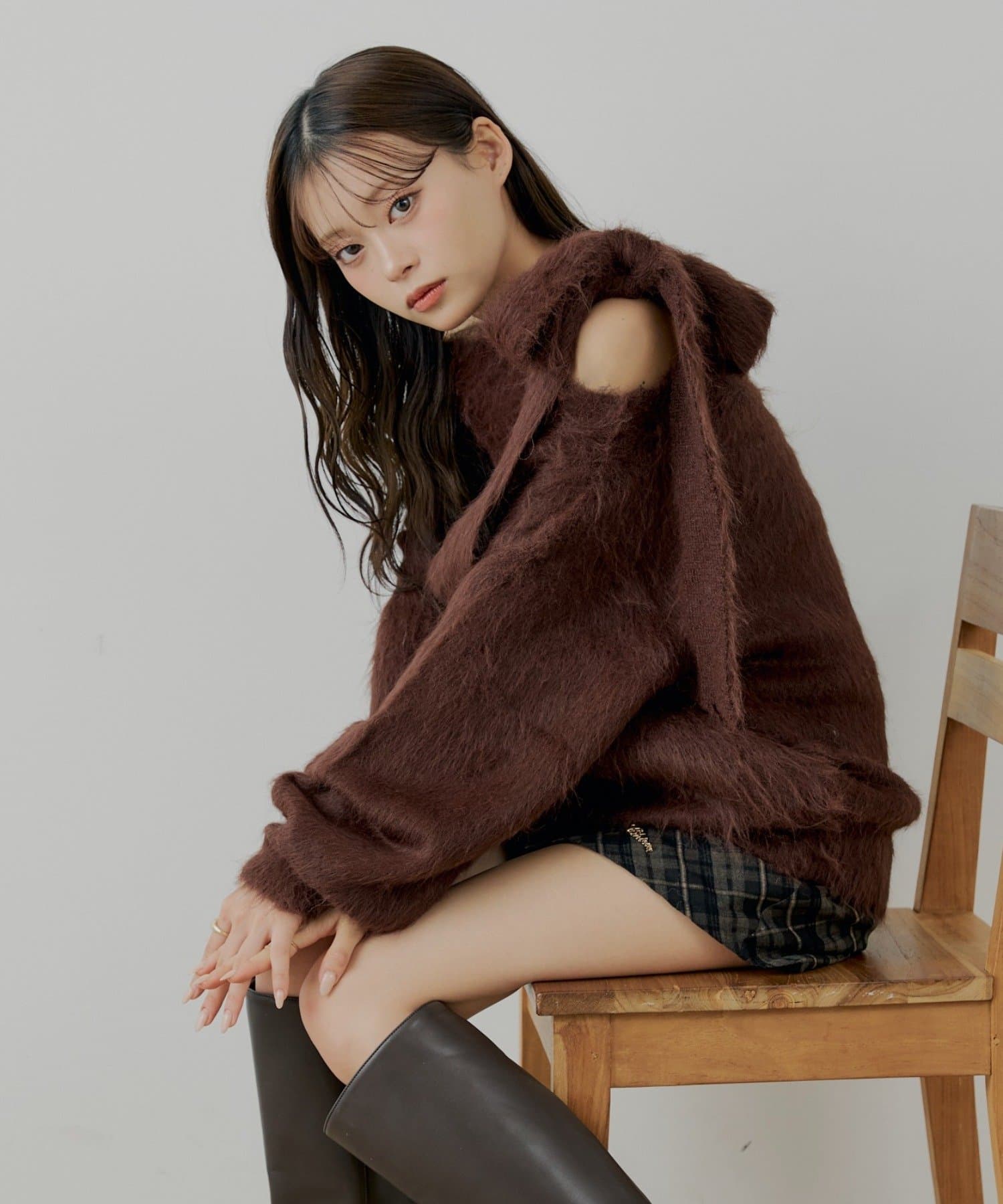 OUTLET(アウトレット) 【Chico】肩リボンショルダースリットオフショルシャギーニット