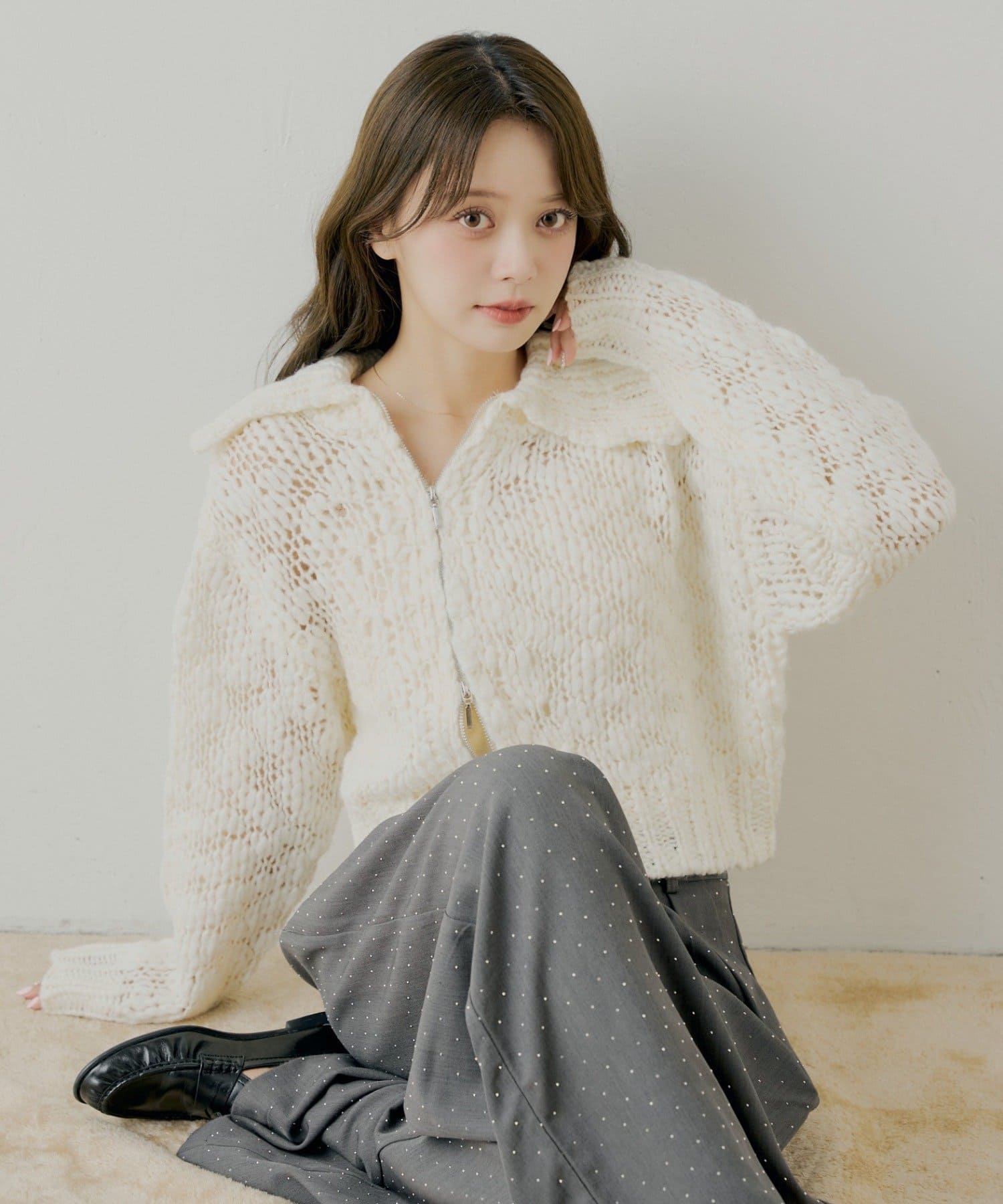 OUTLET(アウトレット) 【Chico】ローゲージアシメジップルーズニット