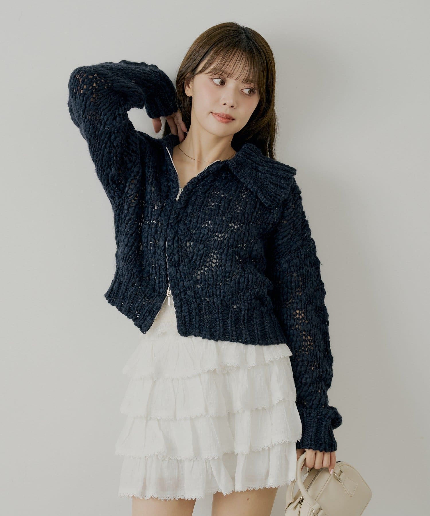 OUTLET(アウトレット) 【Chico】ローゲージアシメジップルーズニット