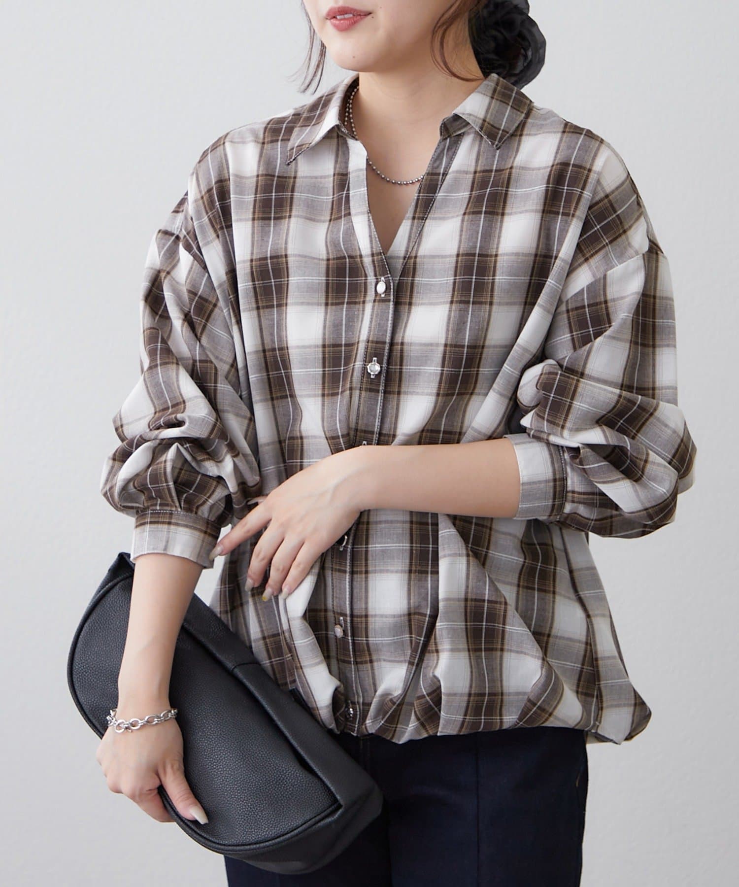 Remind me and forever(リマインドミーアンドフォーエバー) 後ろレースアップ、チェックタケノコブラウス