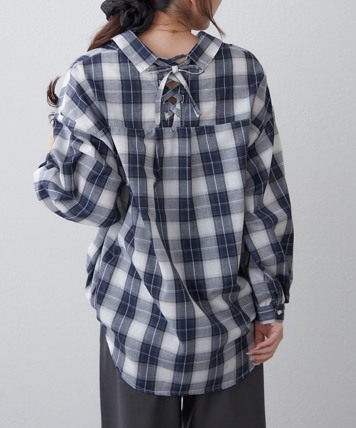 Remind me and forever(リマインドミーアンドフォーエバー) 後ろレースアップ、チェックタケノコブラウス