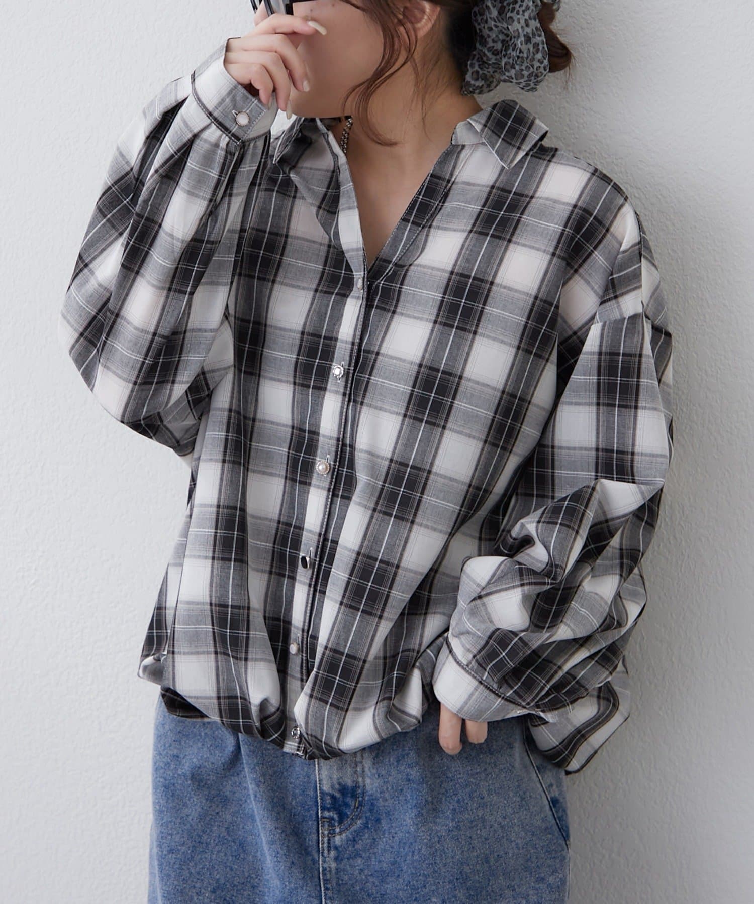 Remind me and forever(リマインドミーアンドフォーエバー) 後ろレースアップ、チェックタケノコブラウス