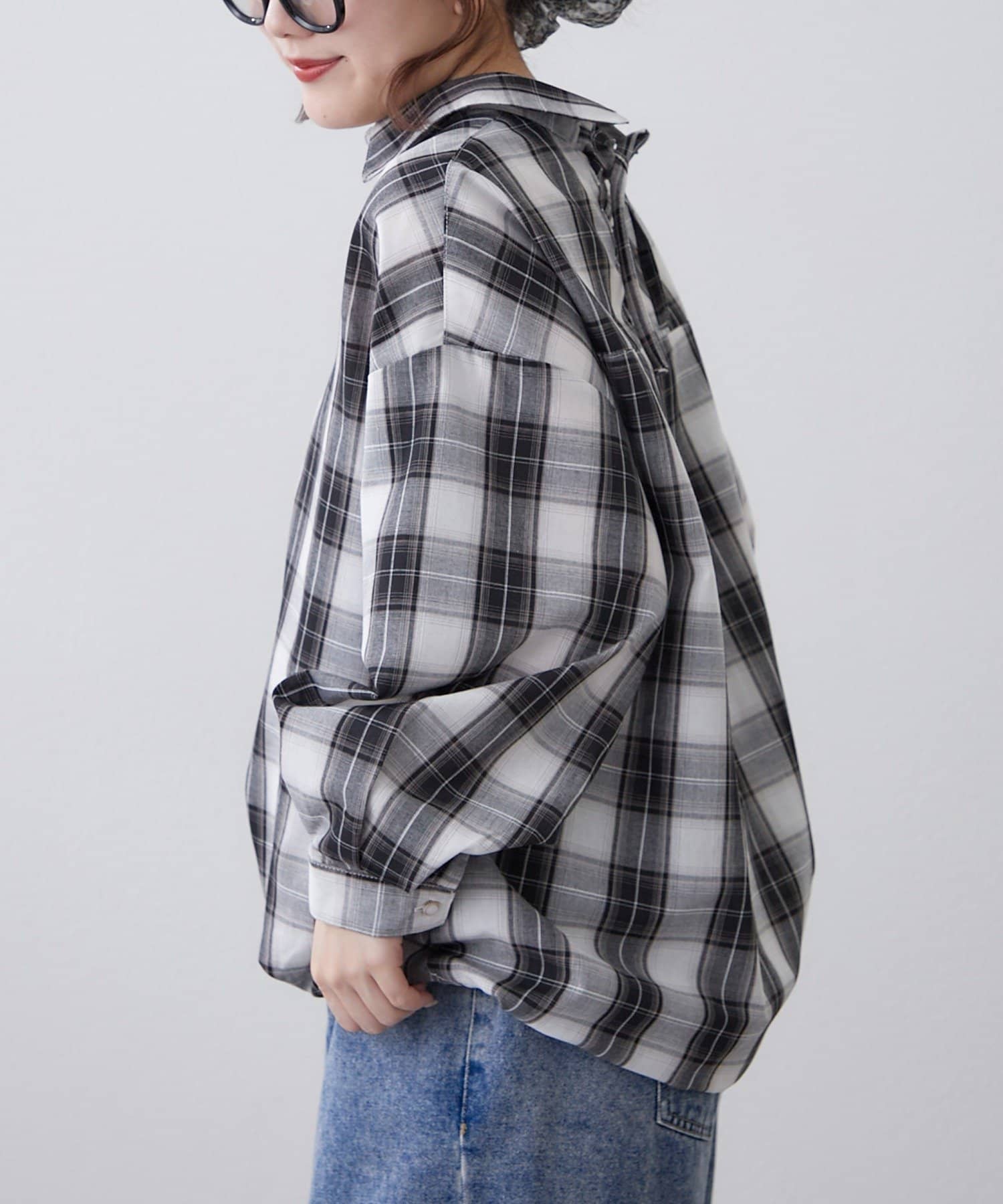 Remind me and forever(リマインドミーアンドフォーエバー) 後ろレースアップ、チェックタケノコブラウス