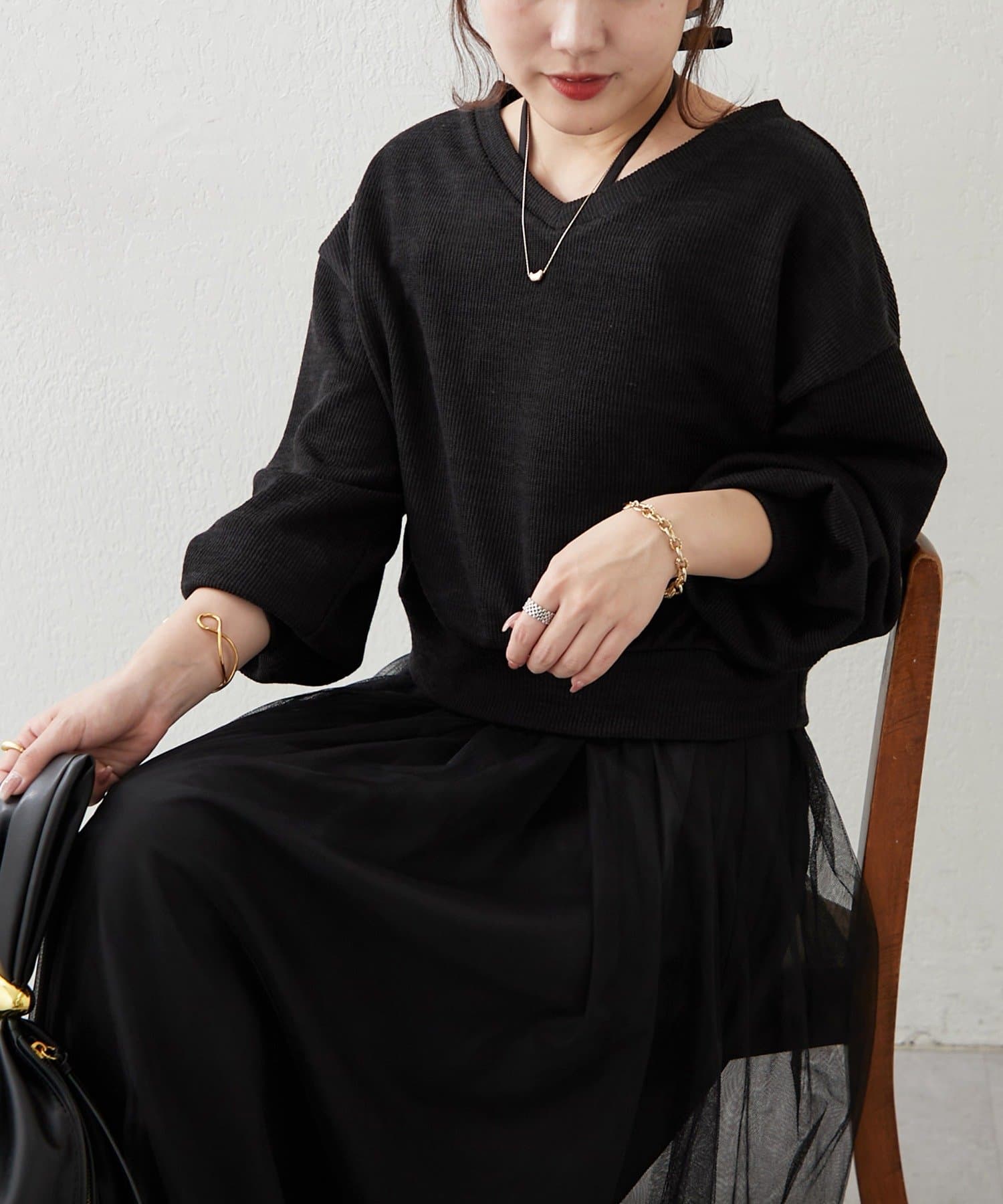 Remind me and forever(リマインドミーアンドフォーエバー) 【2枚SET】Vネックニット＋チュールキャミワンピース