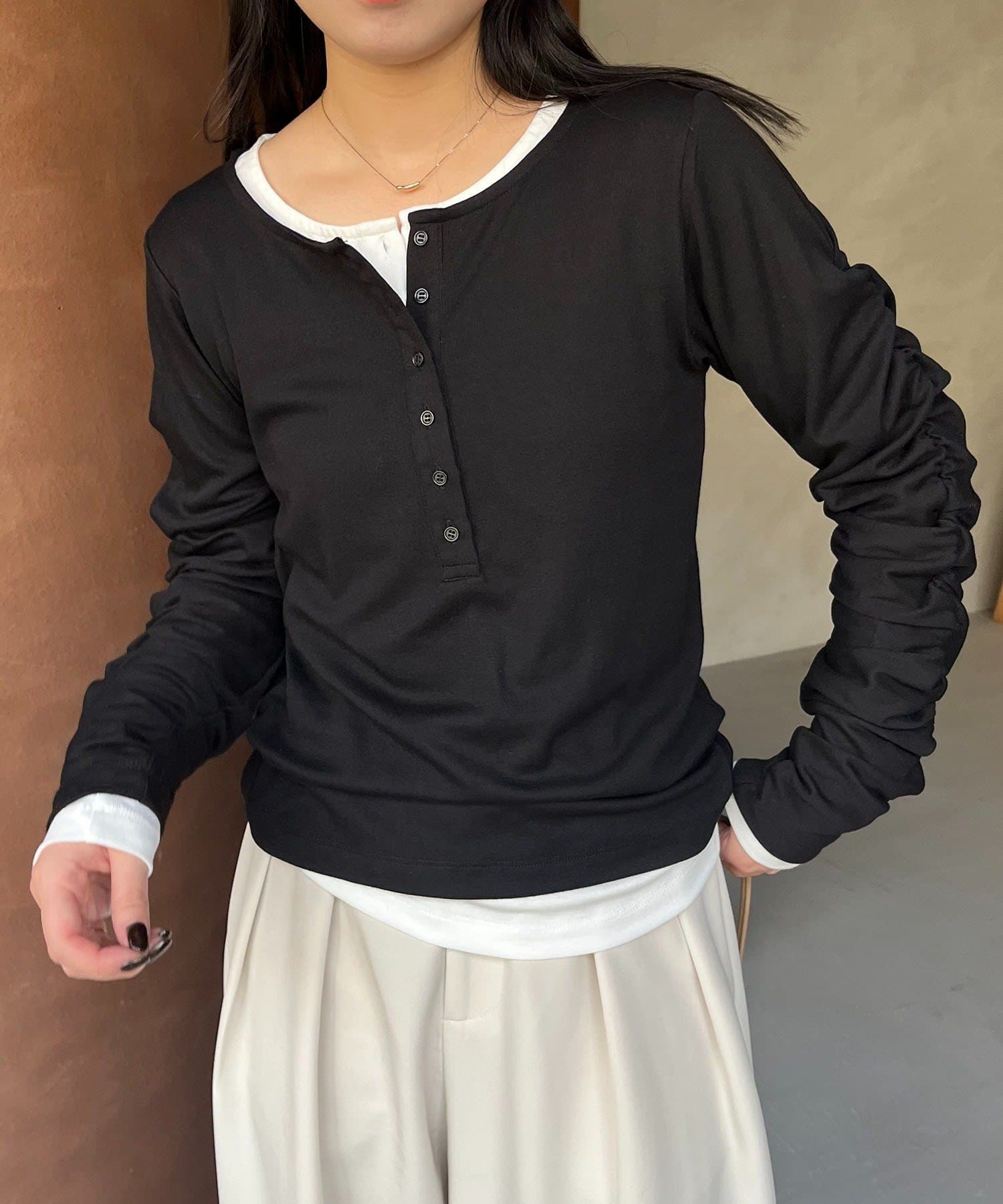 CAPRICIEUX LE'MAGE(カプリシュレマージュ) インナーSET袖ギャザーヘンリーTシャツ