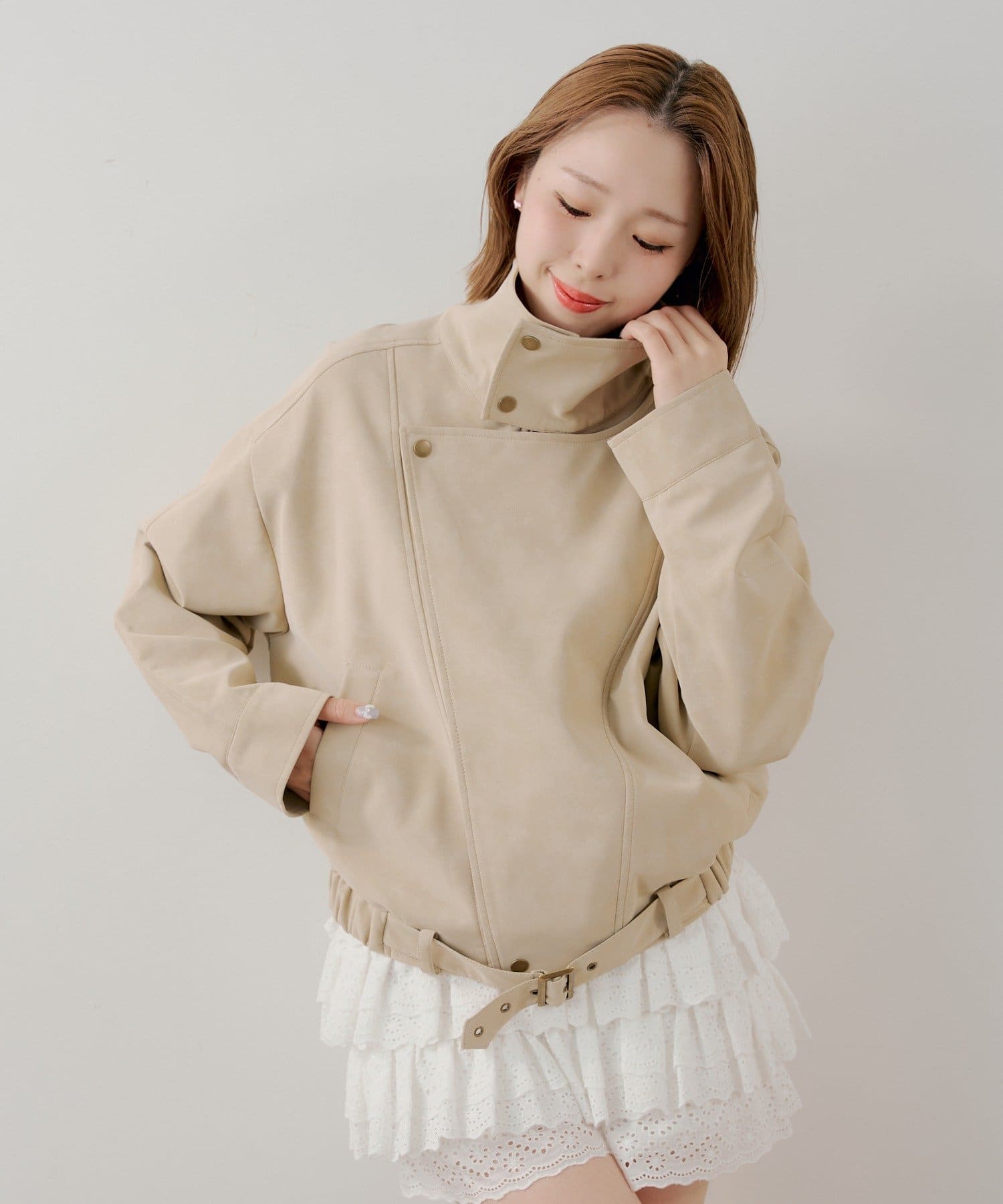 Chico(チコ) スタンドカラーレザールーズジャケット