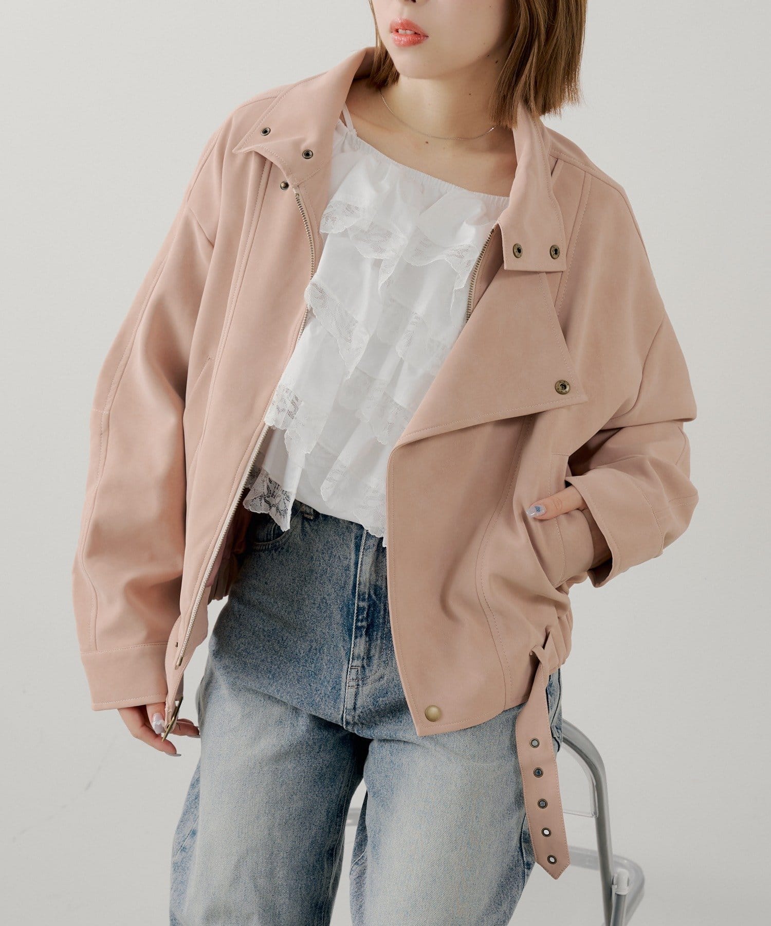 Chico(チコ) スタンドカラーレザールーズジャケット