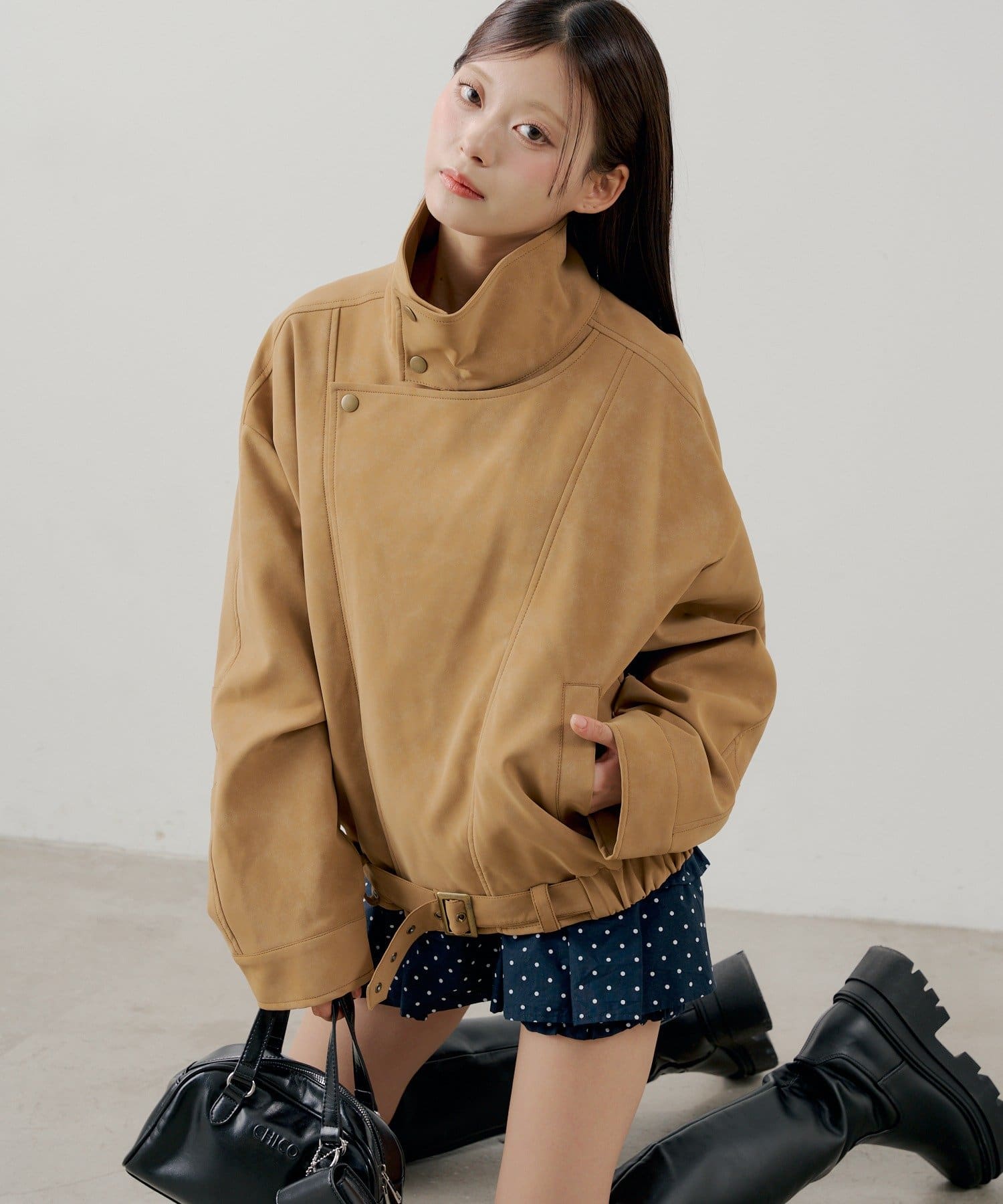 Chico(チコ) スタンドカラーレザールーズジャケット