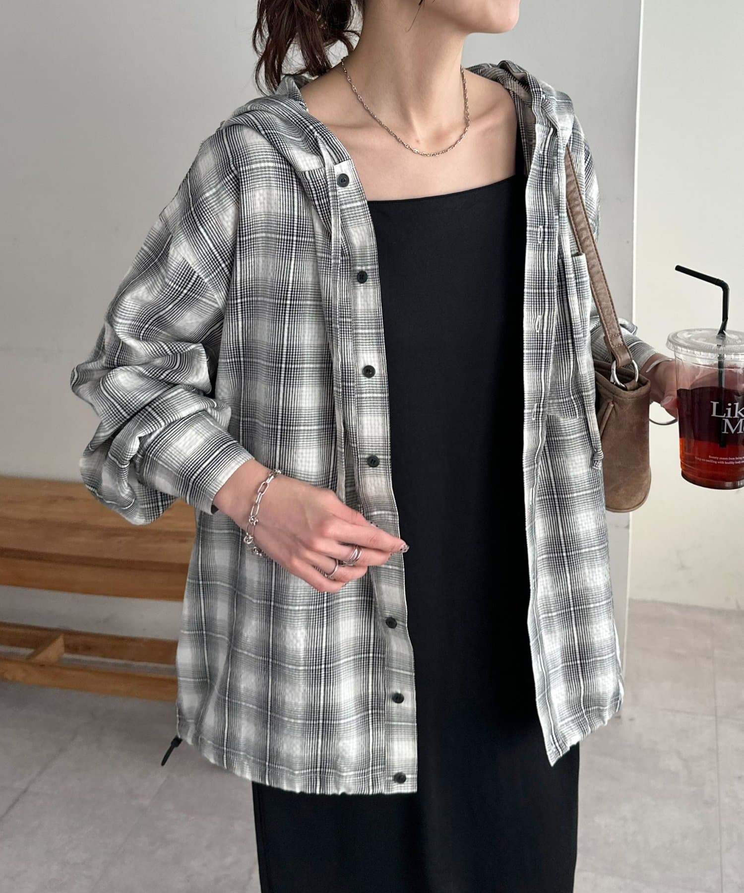 DISCOAT(ディスコート) 【Enlude】オンブレチェックフード付きオーバーシャツ