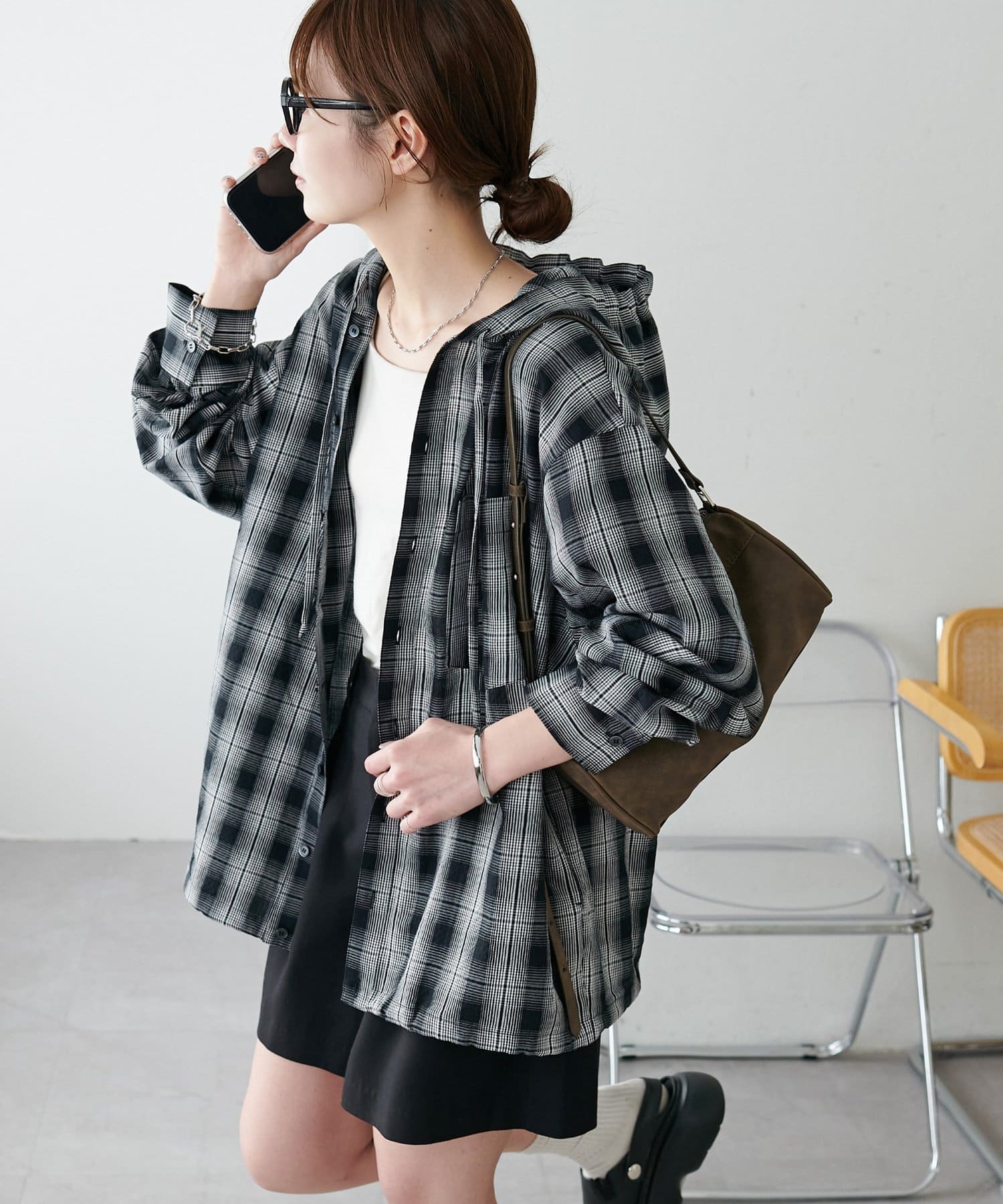 DISCOAT(ディスコート) 【Enlude】オンブレチェックフード付きオーバーシャツ