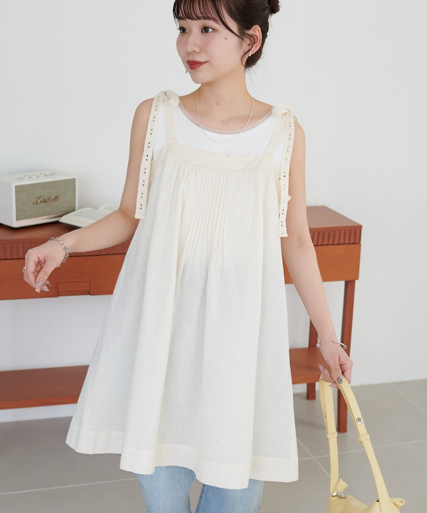 DISCOAT(ディスコート) 【India】コットンリネン肩リボンレースチュニック