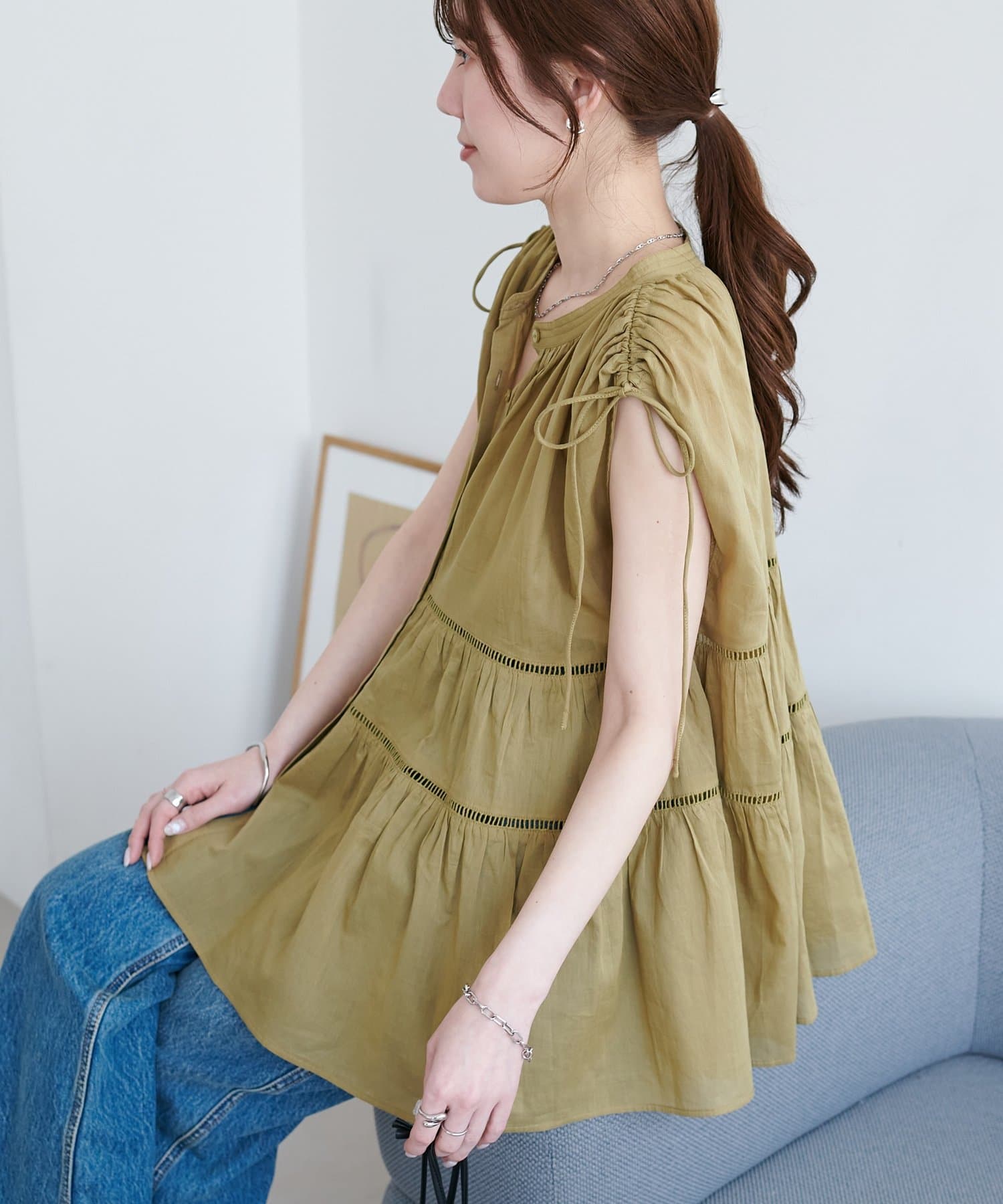 DISCOAT(ディスコート) 【India】コットンボイル肩ギャザー前開きノースリ