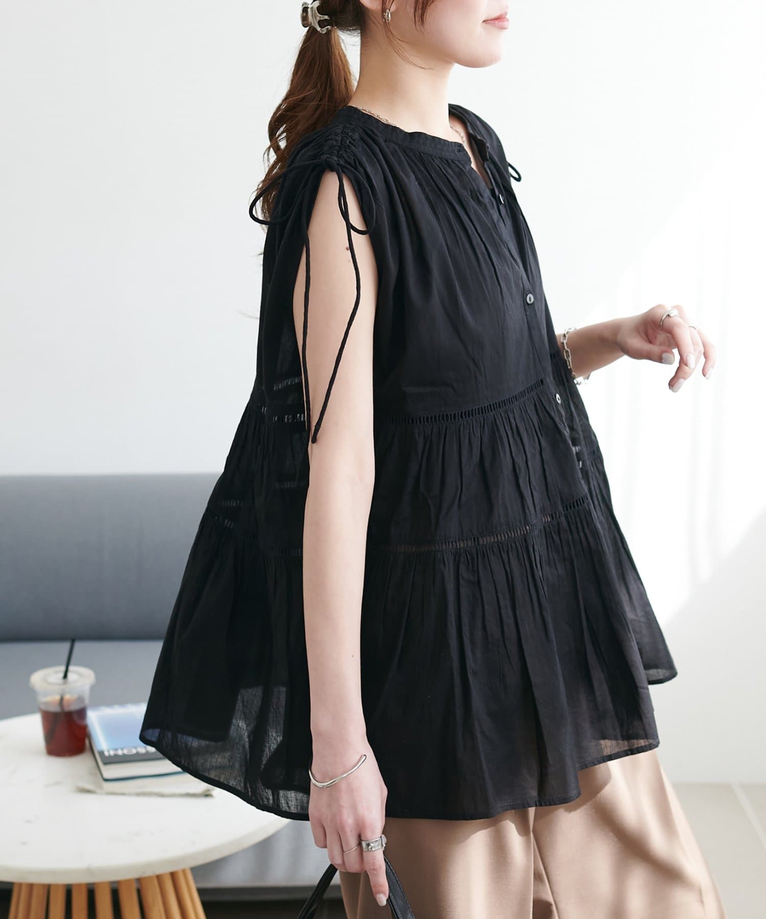 DISCOAT(ディスコート) 【India】コットンボイル肩ギャザー前開きノースリ