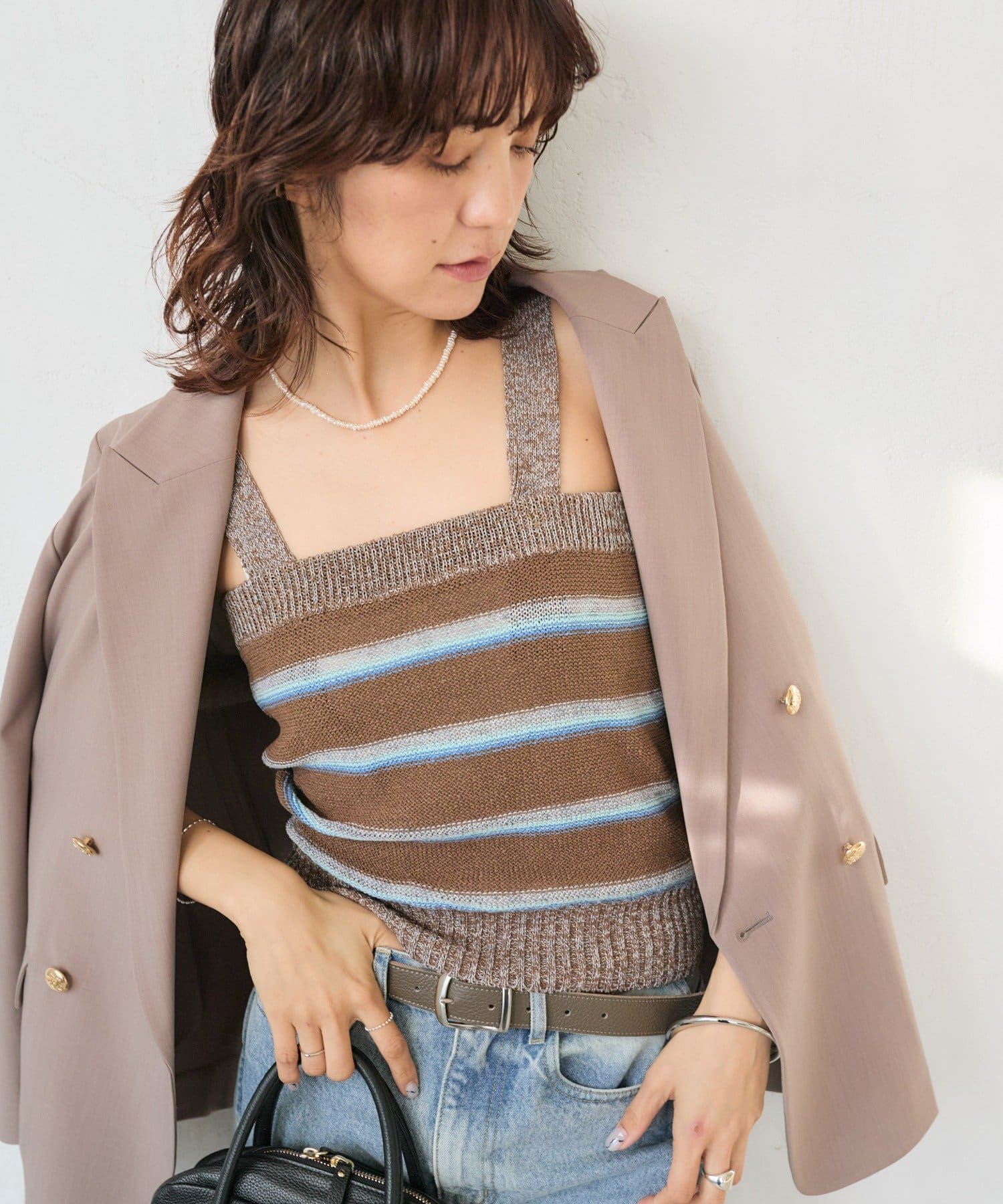 RIVE DROITE(リヴドロワ) 予約【アンサンブル着用可能】マルチボーダーニットキャミ