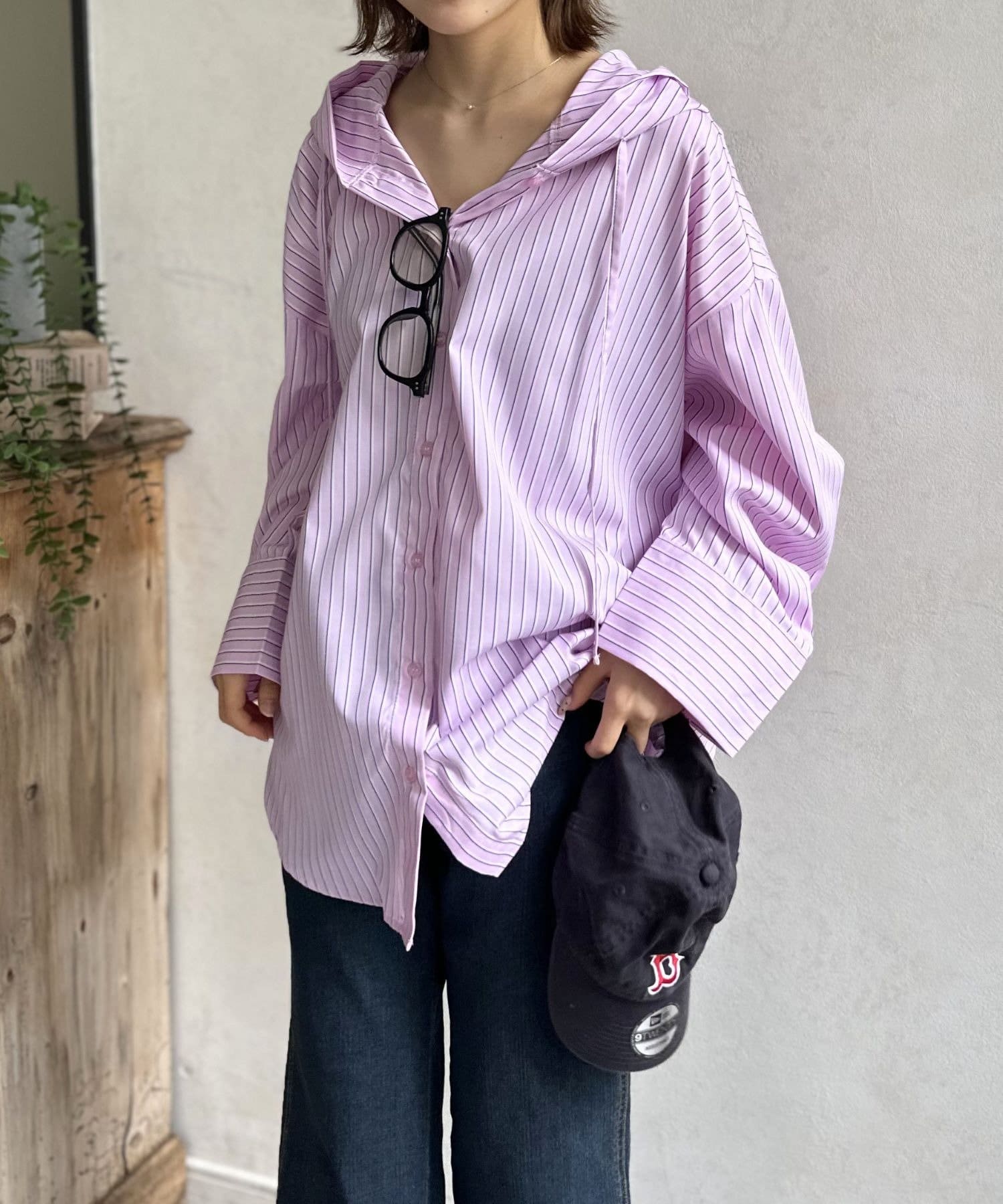 LOCUST(ローカスト) ストライプフード付きシャツ