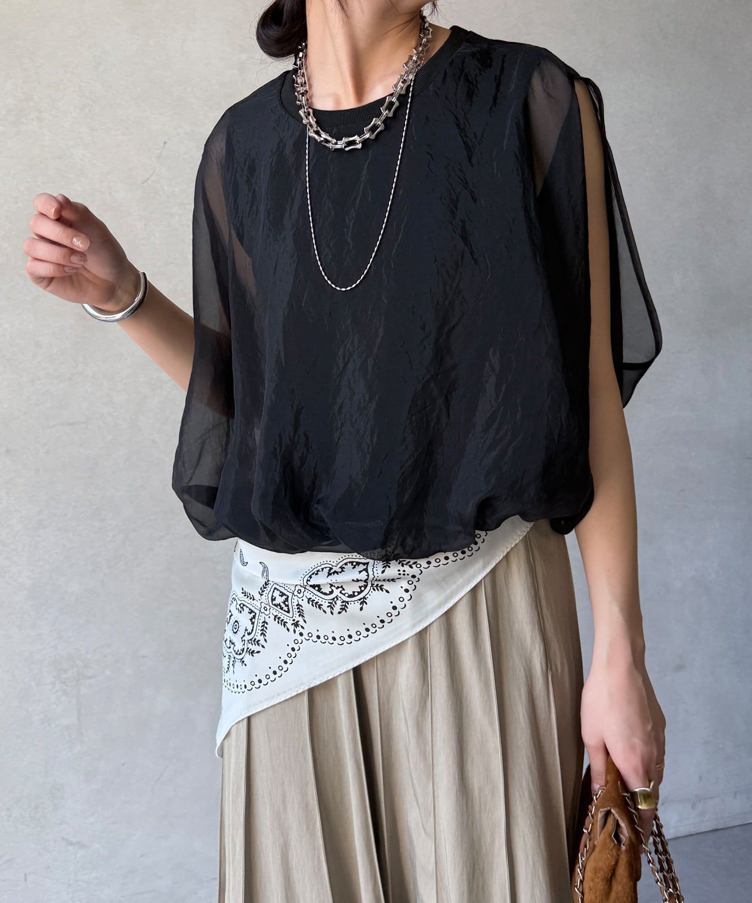 DOUDOU(ドゥドゥ) 【WEB限定】オーガンジーレイヤードバルーンプルオーバー