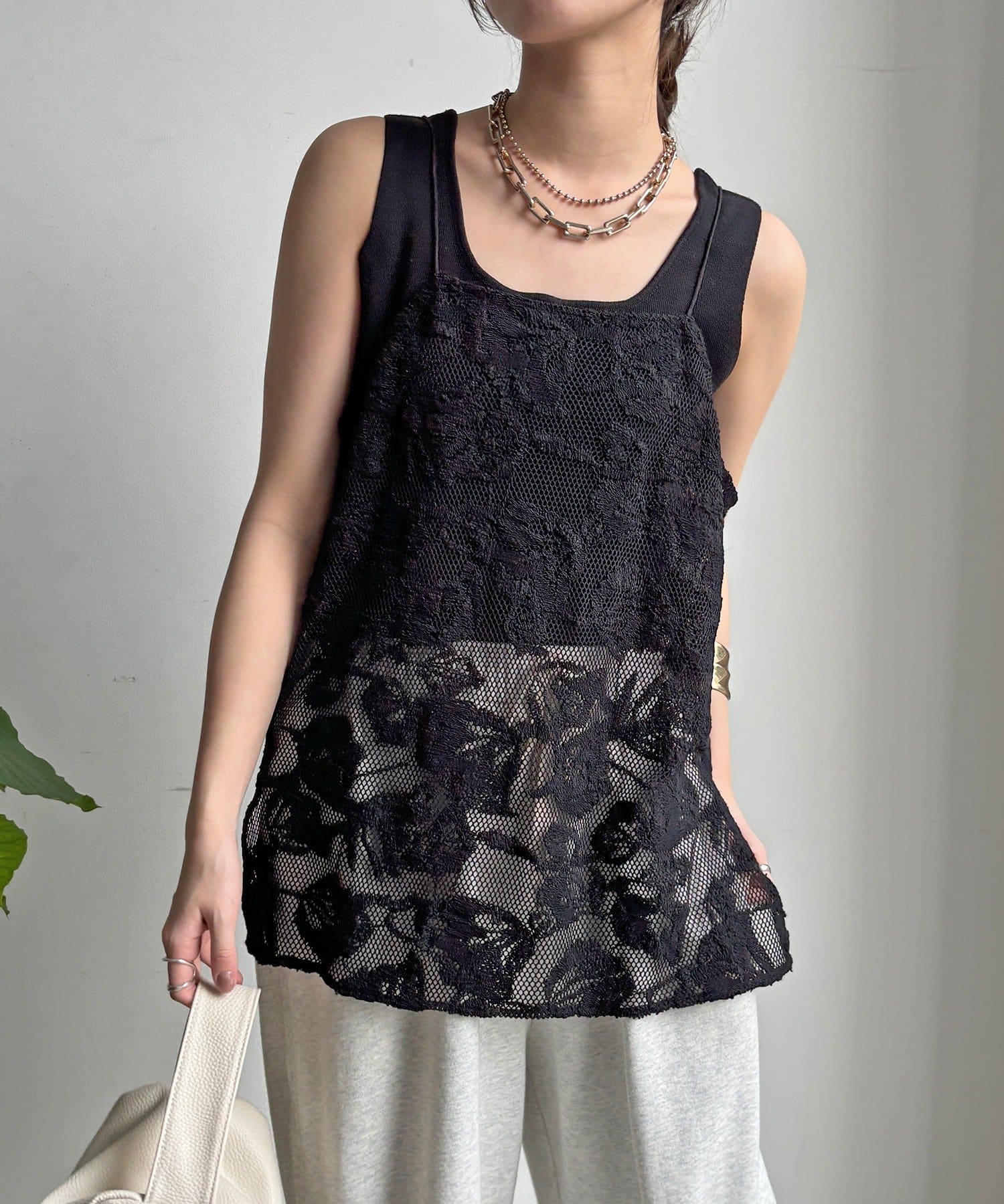 DOUDOU(ドゥドゥ) 【セットアップ可能】メッシュレースキャミ